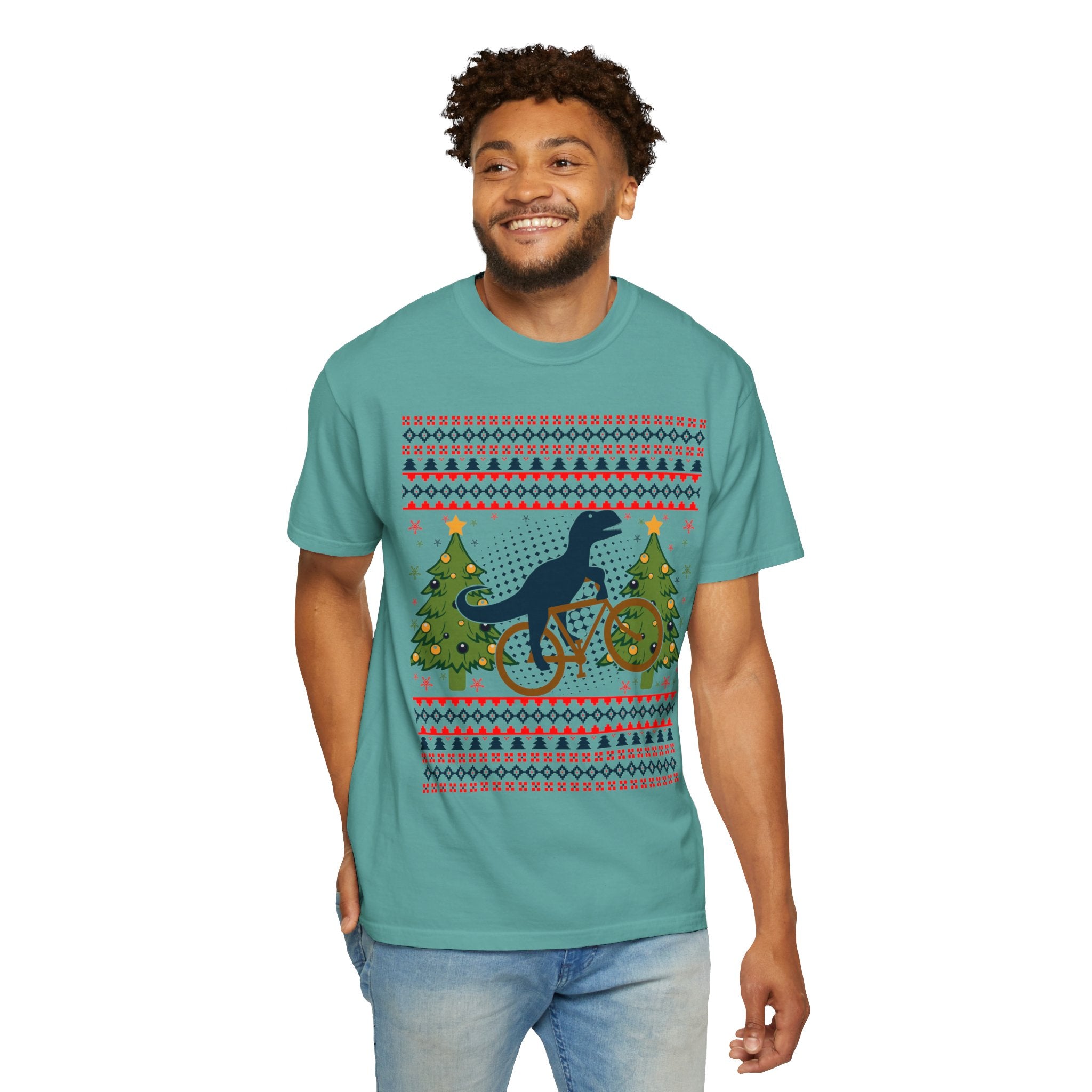 Ugly Christmas Dinosaur Riding Bike Shirt, Dinosaur Christmas Sweater, Dino Riders Tshirt, Dinosaur on a Bike Shirt