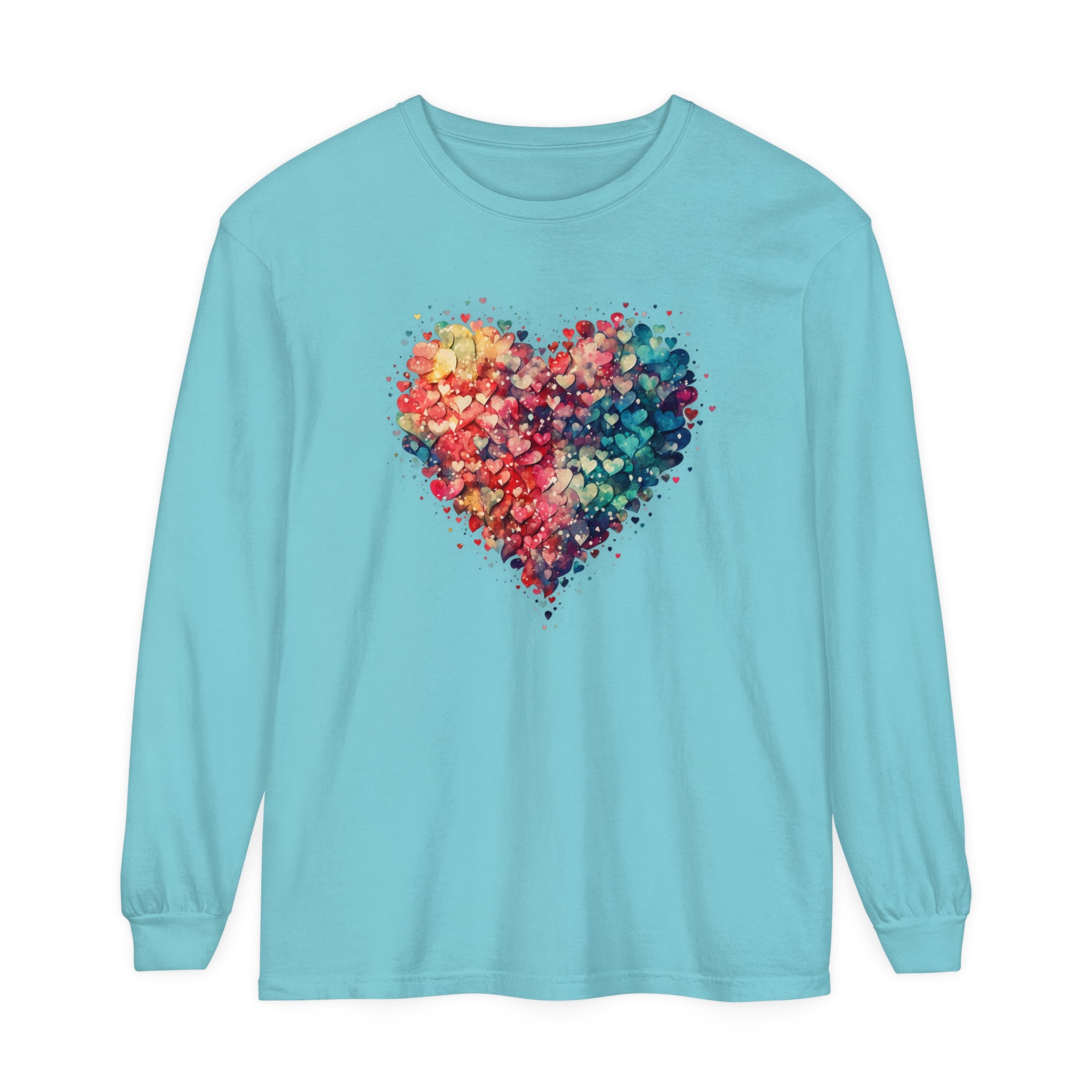 Watercolor Heart Long Sleeve T-Shirt, Colorful Heart Shirt, Cute Heart Valentines Love Long sleeve Tee, Beautiful Watercolor Heart, Hearts Layered Design