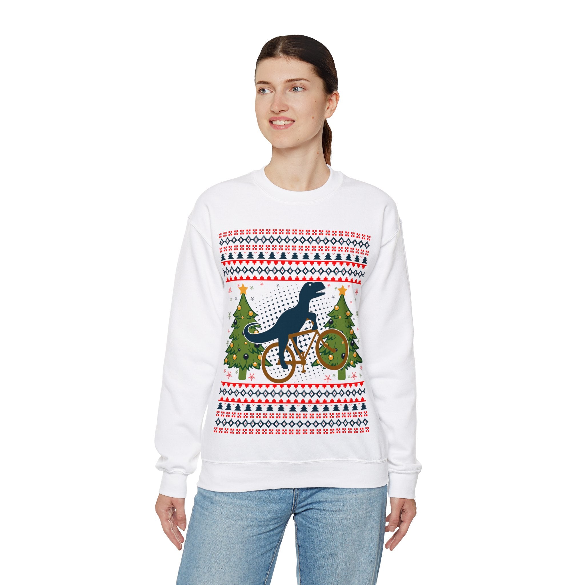 Ugly Christmas Dinosaur Riding Bike Sweater, Dinosaur Christmas Sweatshirt, Dino Riders shirt, Dinosaur on a Bike Shirt