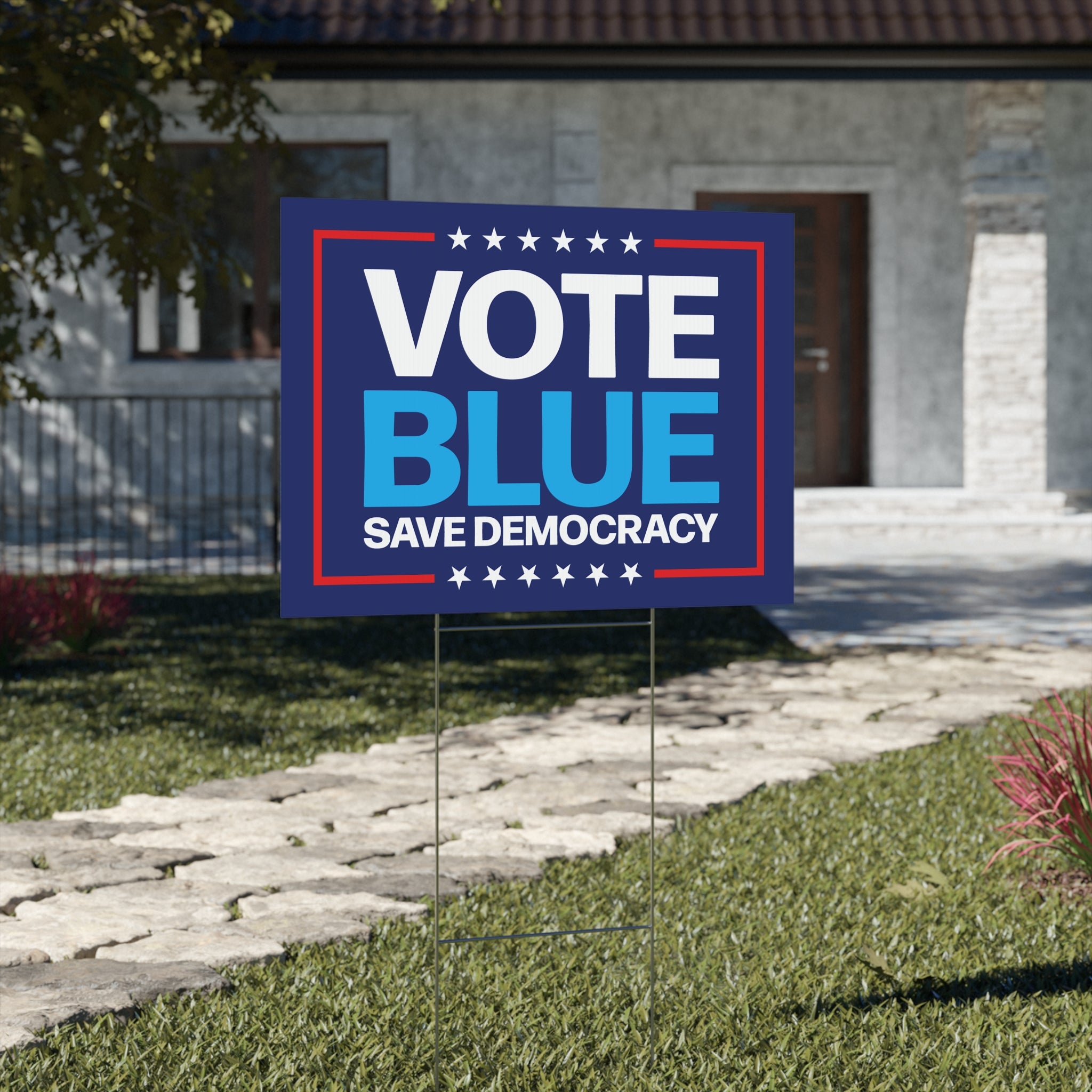 Vote Blue Save Democracy Yard Sign, Coroplast Vote Democrat Lawn Sign, Vote Blue Save Democracy Yard Sign with Metal H-Stake