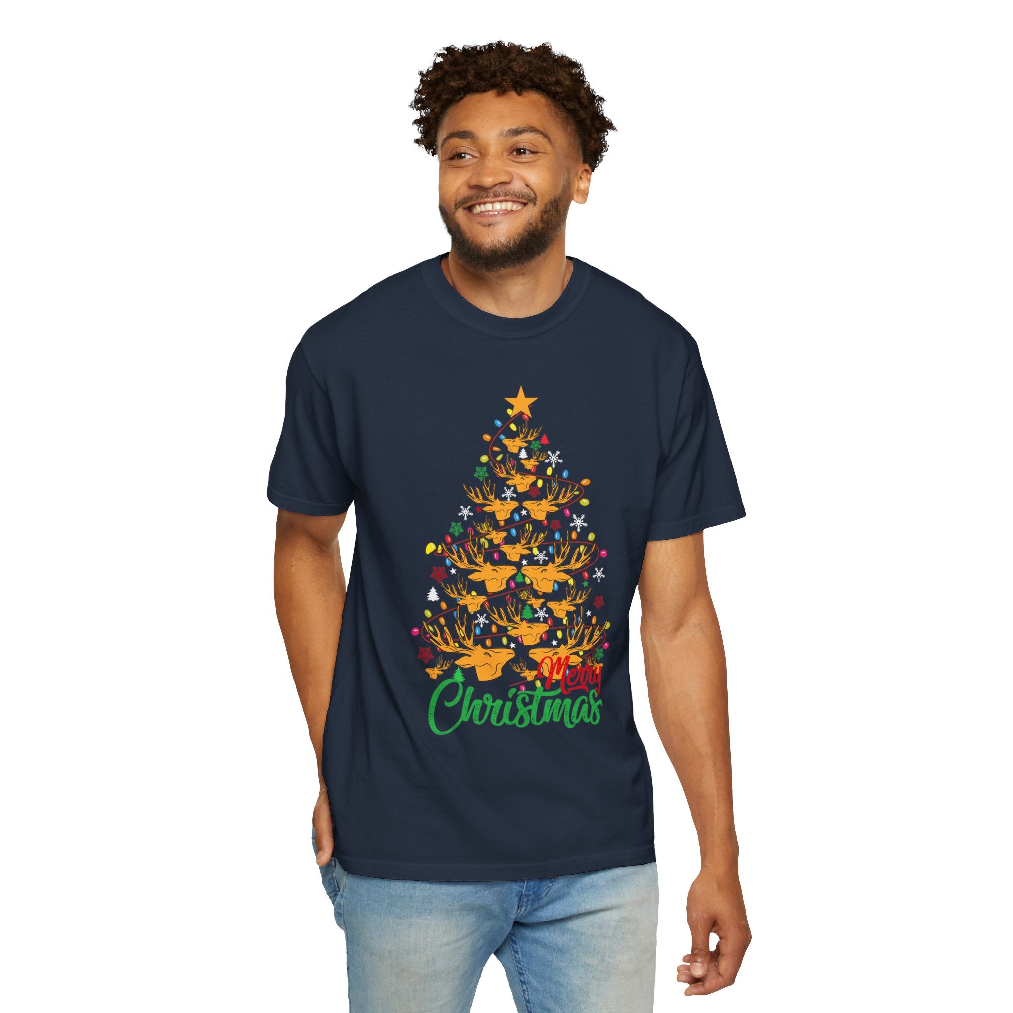 Christmas Tee, Christmas Deer Tree Shirt, Deer Head Trees Design on premium cotton unisex shirt, plus sizes, 2x, 3x, 4x