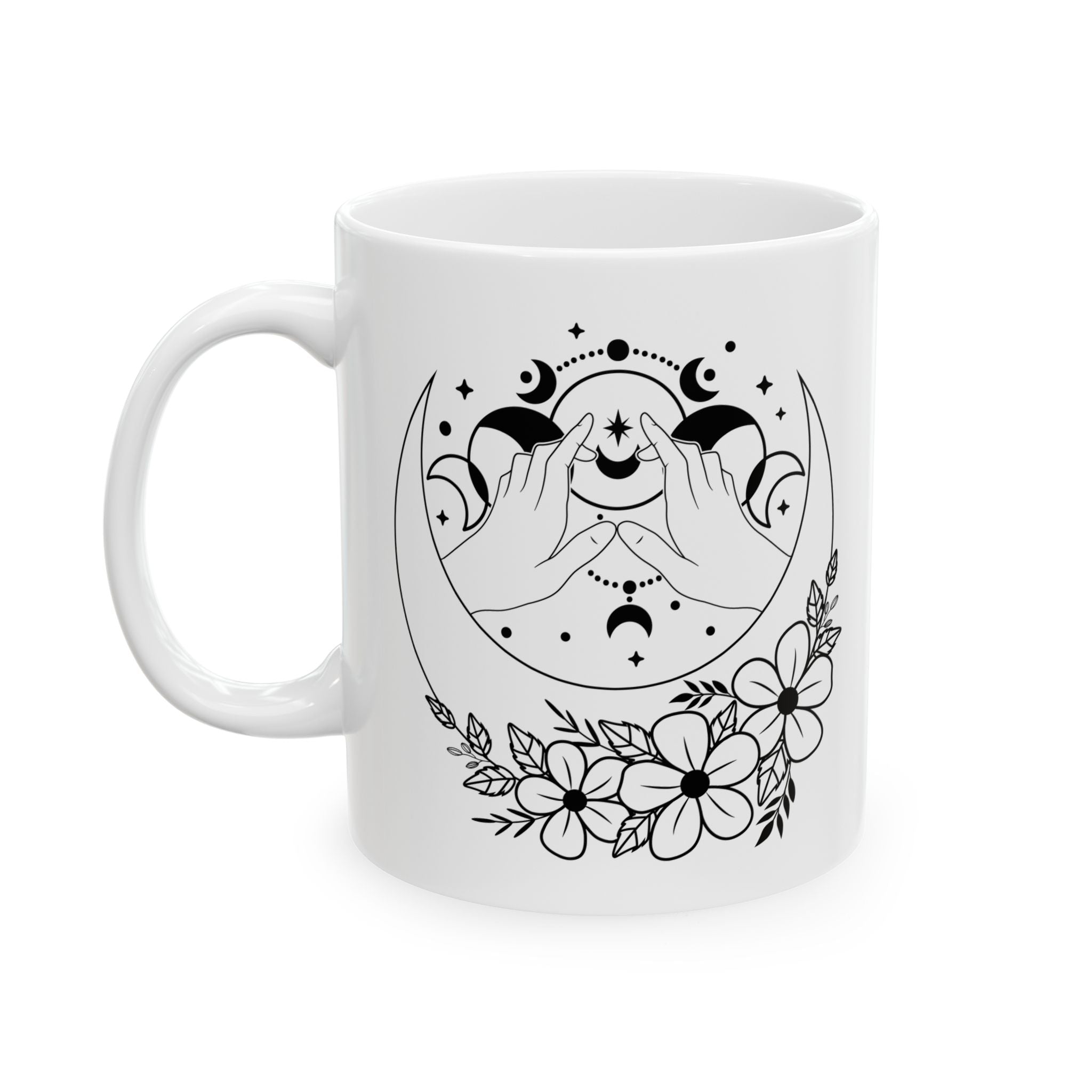 Mystical Moon Phase Witch Hands Mug, Moon Phase Coffee Mug, Celestial Mug, Floral Moon Phase Cup