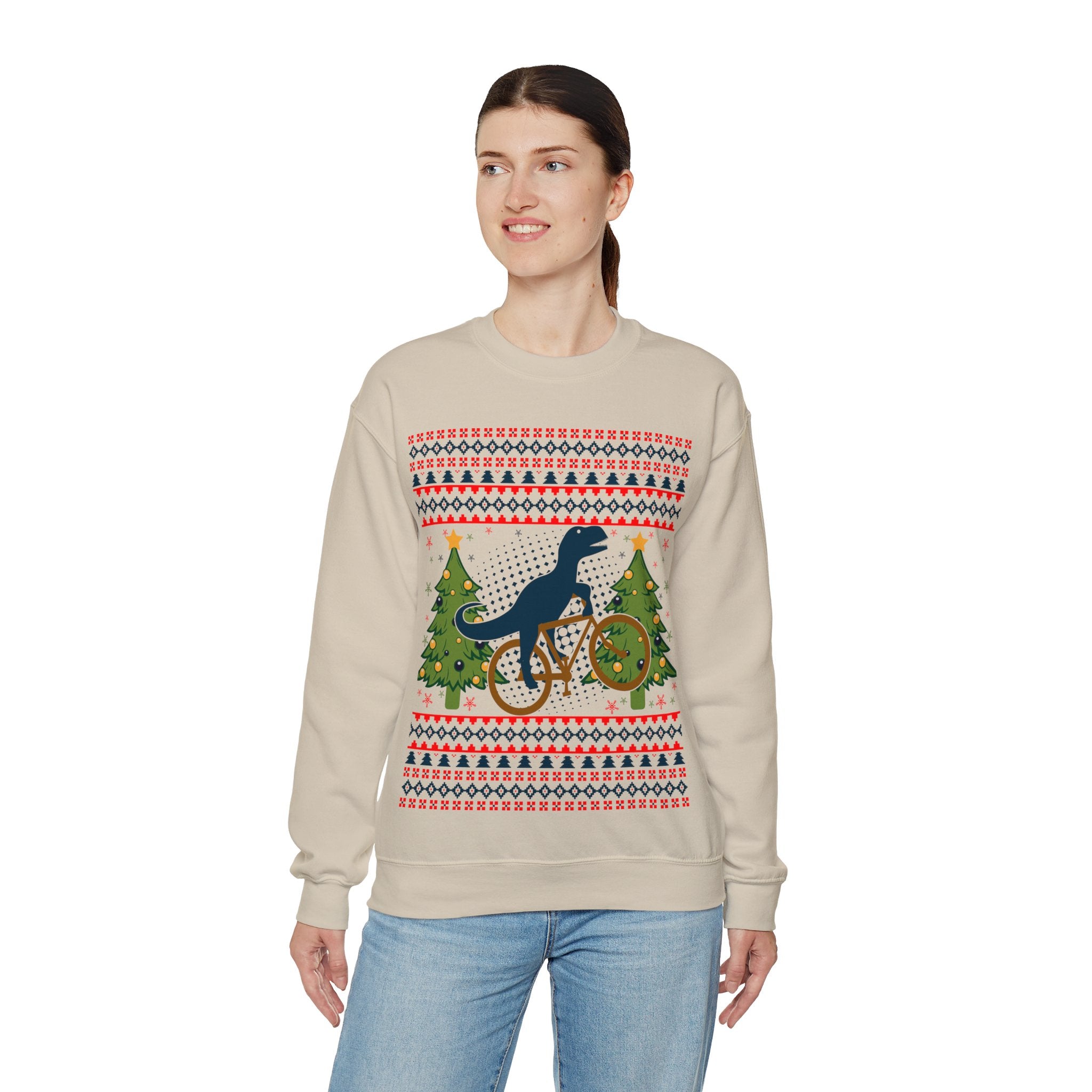 Ugly Christmas Dinosaur Riding Bike Sweater, Dinosaur Christmas Sweatshirt, Dino Riders shirt, Dinosaur on a Bike Shirt