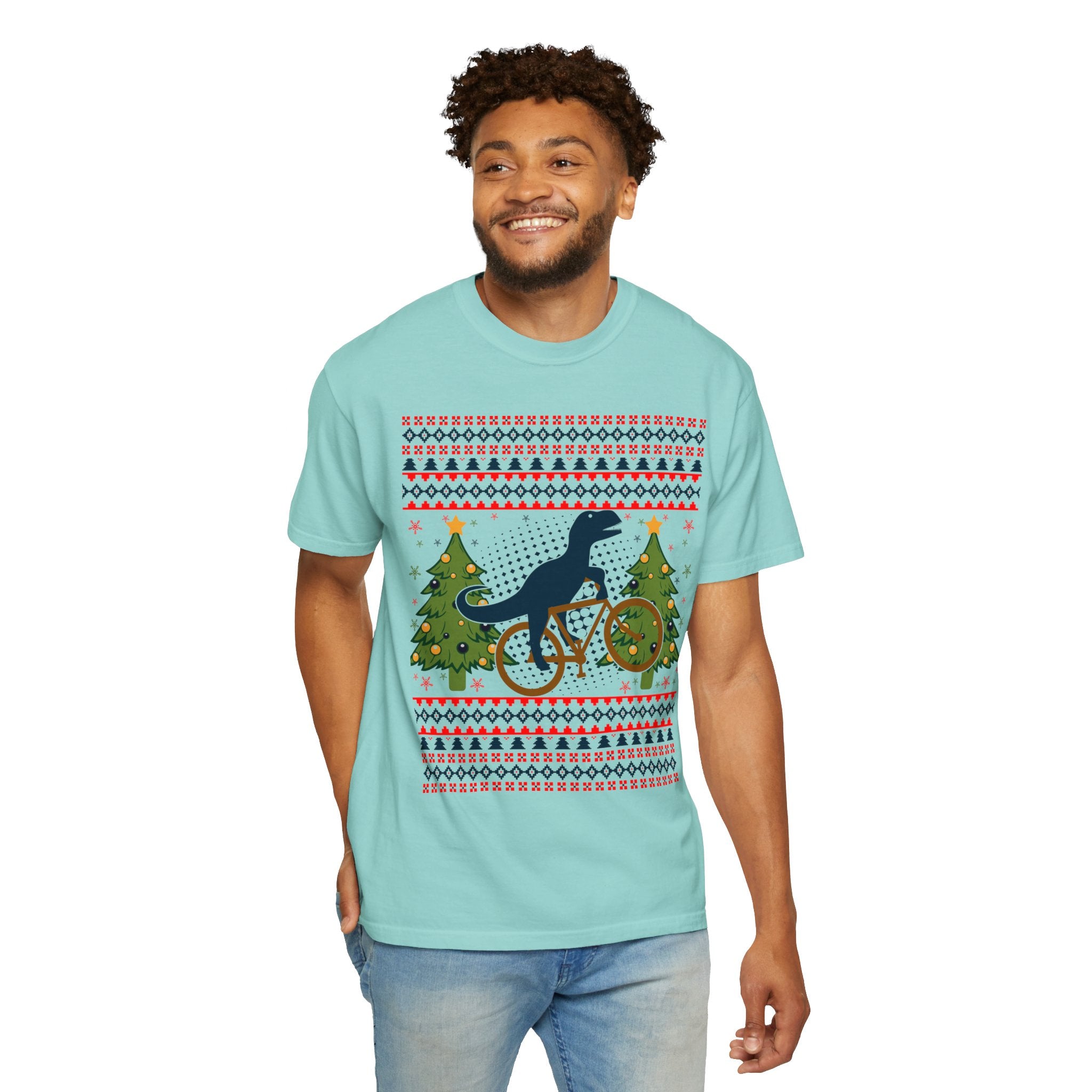 Ugly Christmas Dinosaur Riding Bike Shirt, Dinosaur Christmas Sweater, Dino Riders Tshirt, Dinosaur on a Bike Shirt