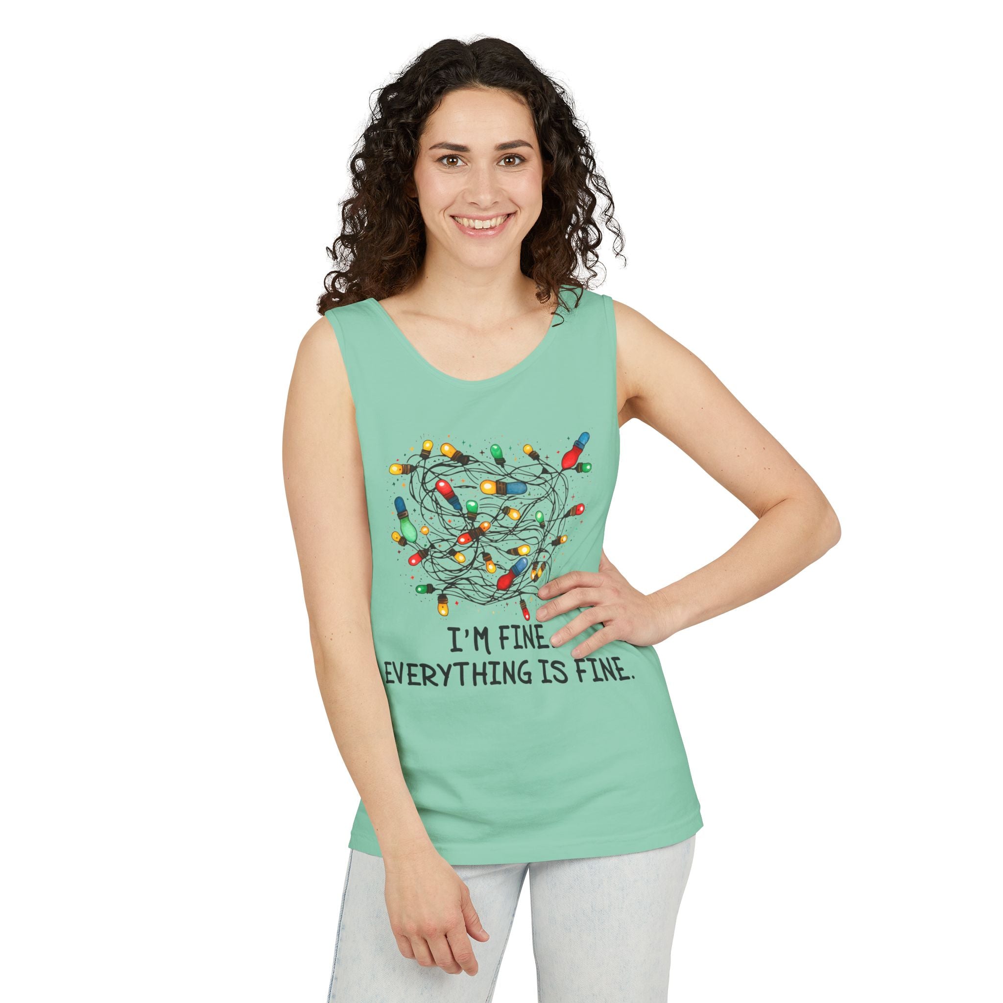 I'm Fine Everything is Fine Tank Top, Tangled Christmas Lights Tank Top, Unisex Xmas Graphic Tee, Christmas Lights Tank top