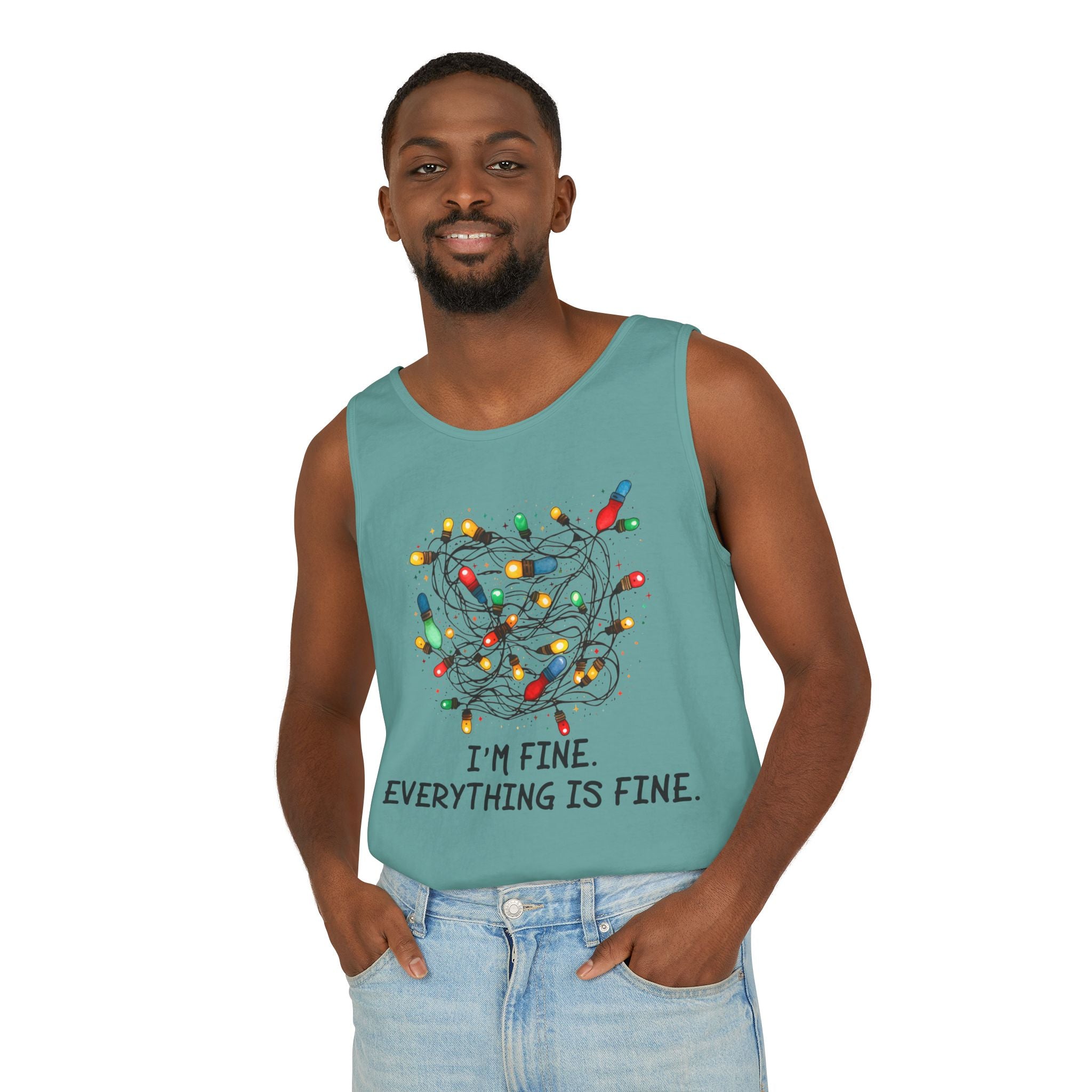 I'm Fine Everything is Fine Tank Top, Tangled Christmas Lights Tank Top, Unisex Xmas Graphic Tee, Christmas Lights Tank top