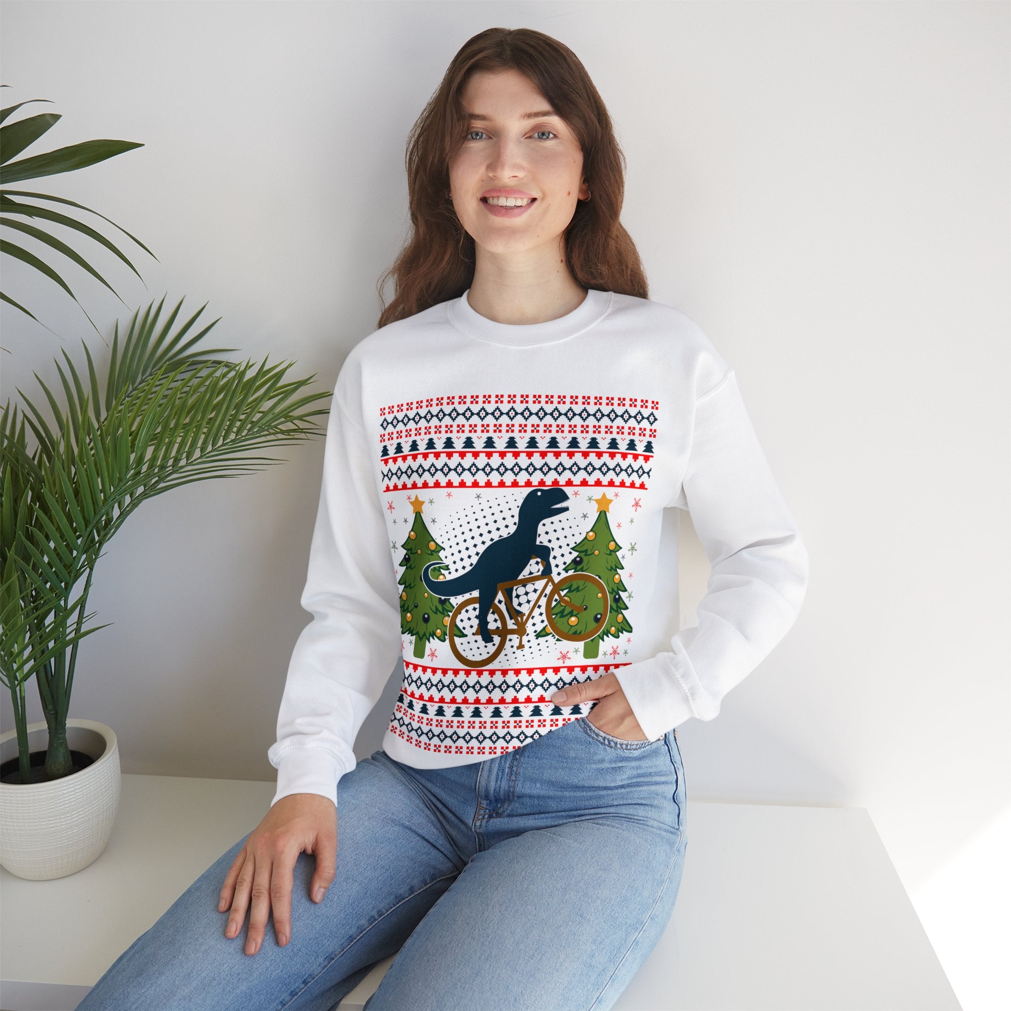 Ugly Christmas Dinosaur Riding Bike Sweater, Dinosaur Christmas Sweatshirt, Dino Riders shirt, Dinosaur on a Bike Shirt