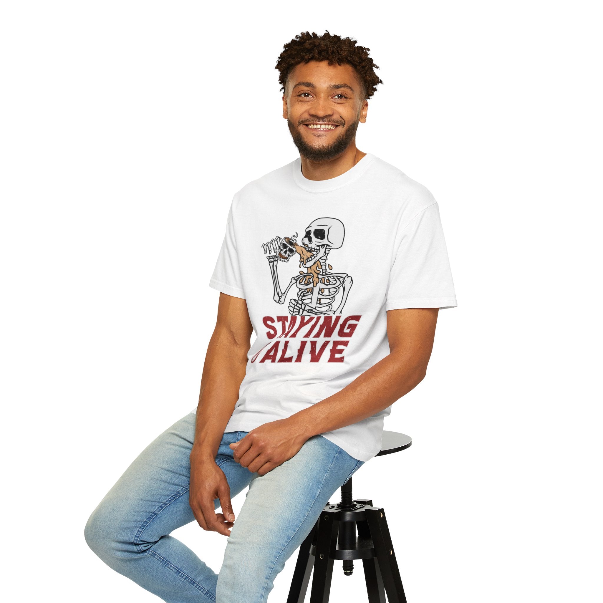 Staying Alive Shirt, Trendy Coffee Shirt, Funny Skeleton T-Shirt, Coffee Lovers Gift Skull Vintage Halloween Tshirt Women Comfort Colors Tee