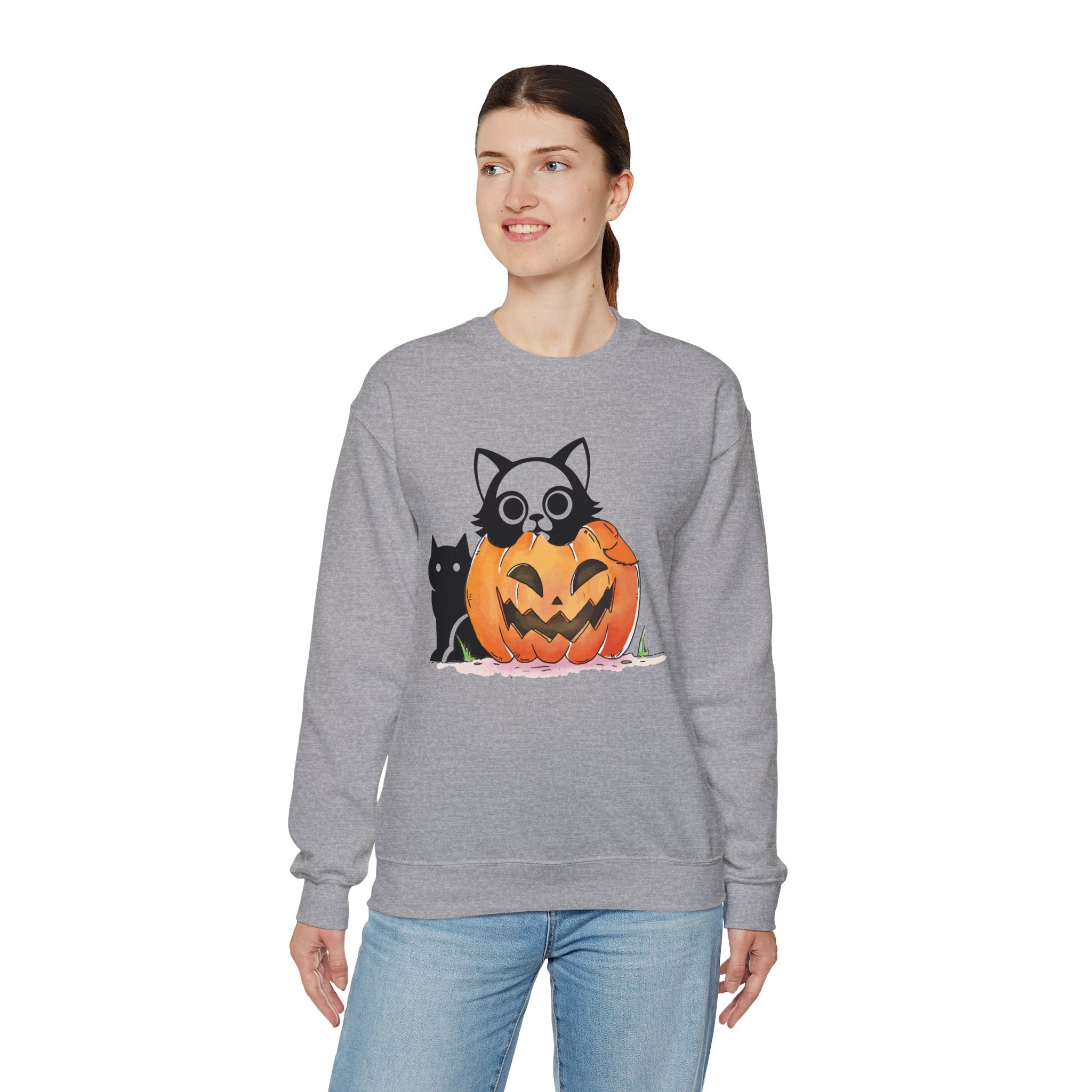 Black Cat Pumpkin Sweatshirt, Halloween Sweatshirt, Pumpkin shirt, Fall Sweatshirt for Women, Halloween Crewneck, Spooky Season, Bat top