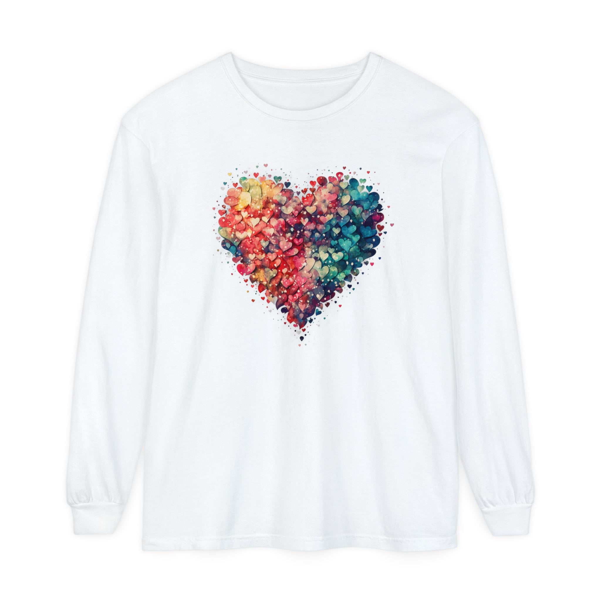 Watercolor Heart Long Sleeve T-Shirt, Colorful Heart Shirt, Cute Heart Valentines Love Long sleeve Tee, Beautiful Watercolor Heart, Hearts Layered Design