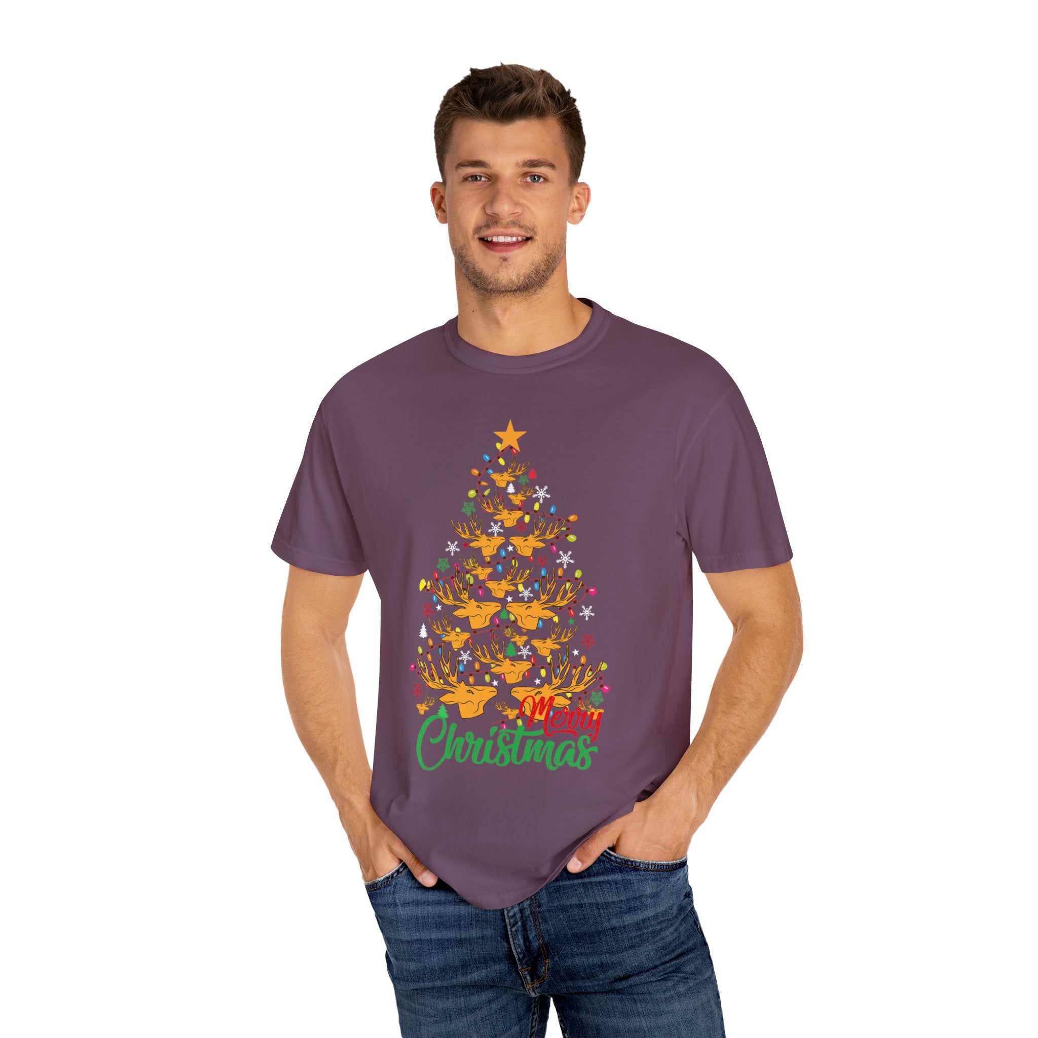 Christmas Tee, Christmas Deer Tree Shirt, Deer Head Trees Design on premium cotton unisex shirt, plus sizes, 2x, 3x, 4x
