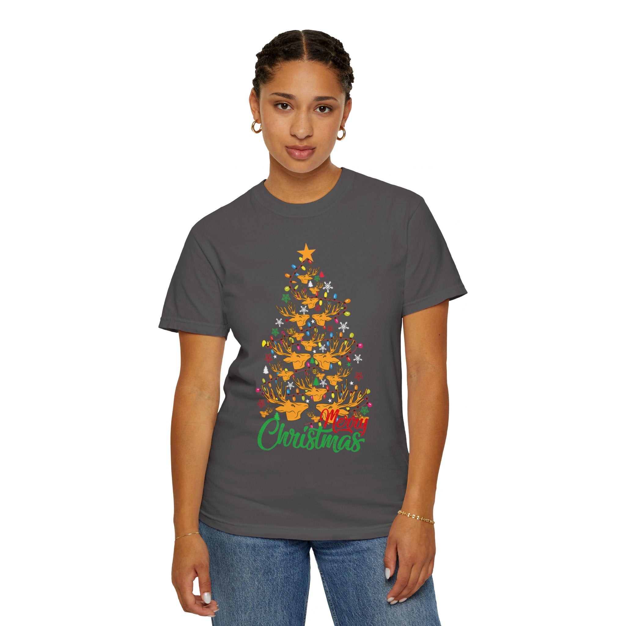 Christmas Tee, Christmas Deer Tree Shirt, Deer Head Trees Design on premium cotton unisex shirt, plus sizes, 2x, 3x, 4x