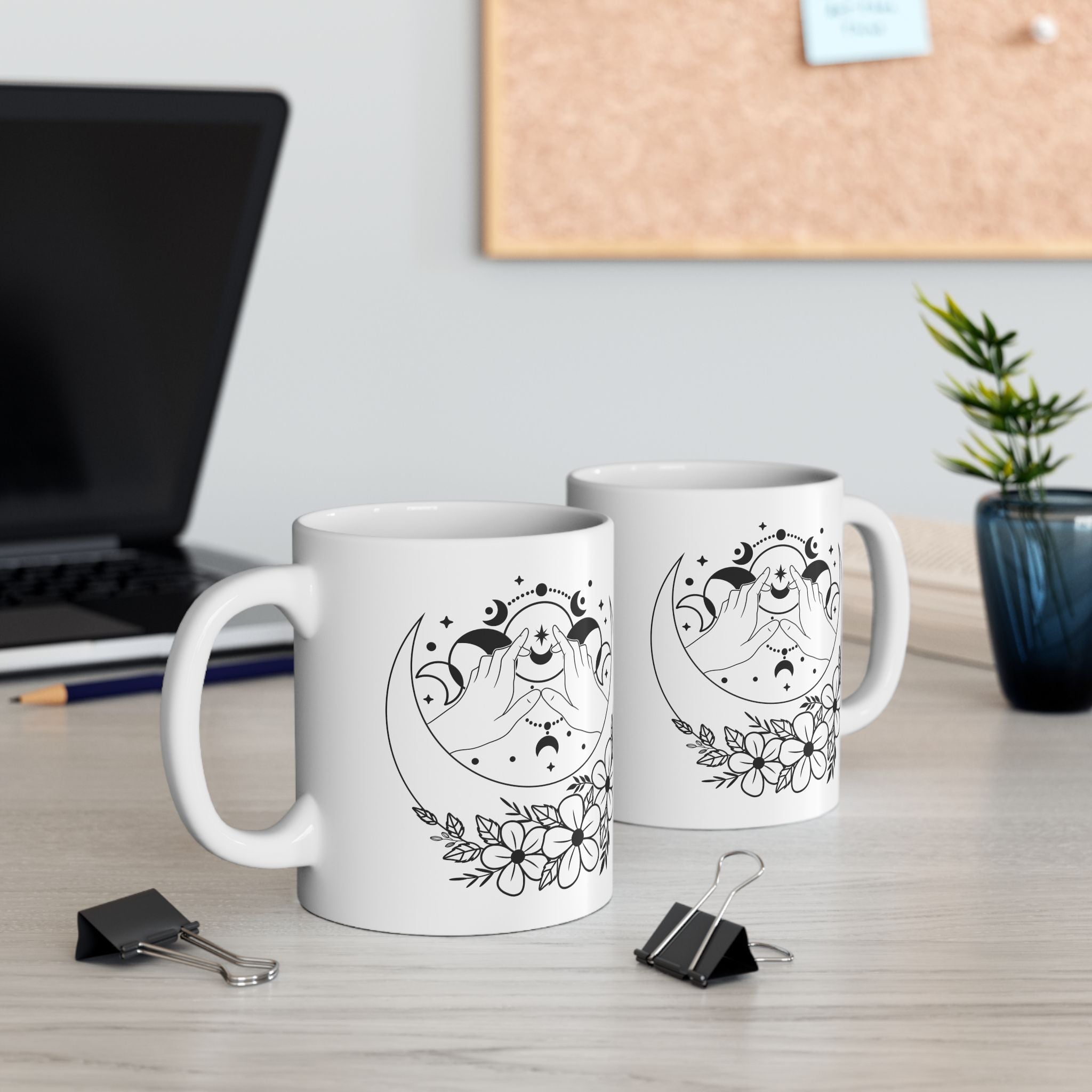 Mystical Moon Phase Witch Hands Mug, Moon Phase Coffee Mug, Celestial Mug, Floral Moon Phase Cup