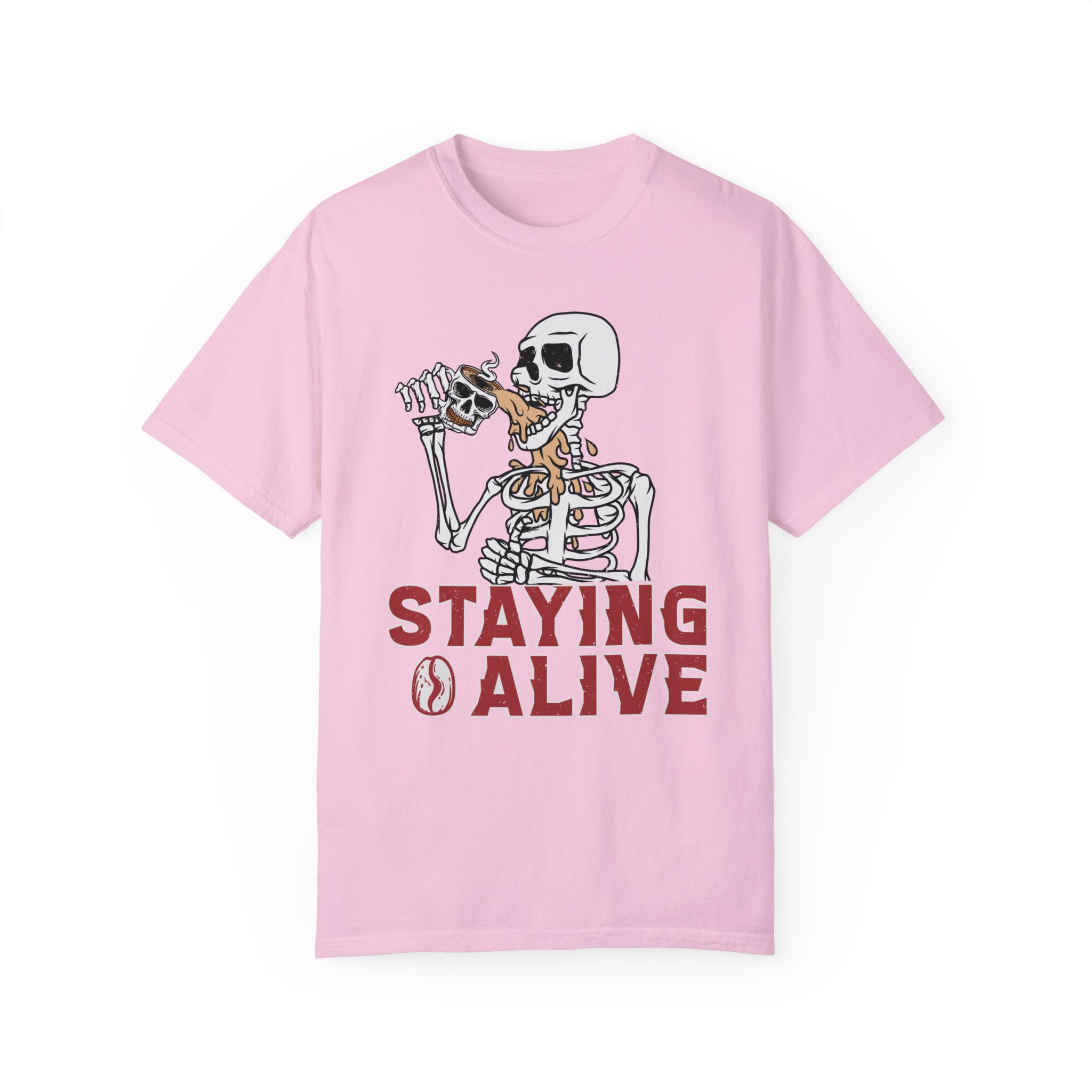 Staying Alive Shirt, Trendy Coffee Shirt, Funny Skeleton T-Shirt, Coffee Lovers Gift Skull Vintage Halloween Tshirt Women Comfort Colors Tee