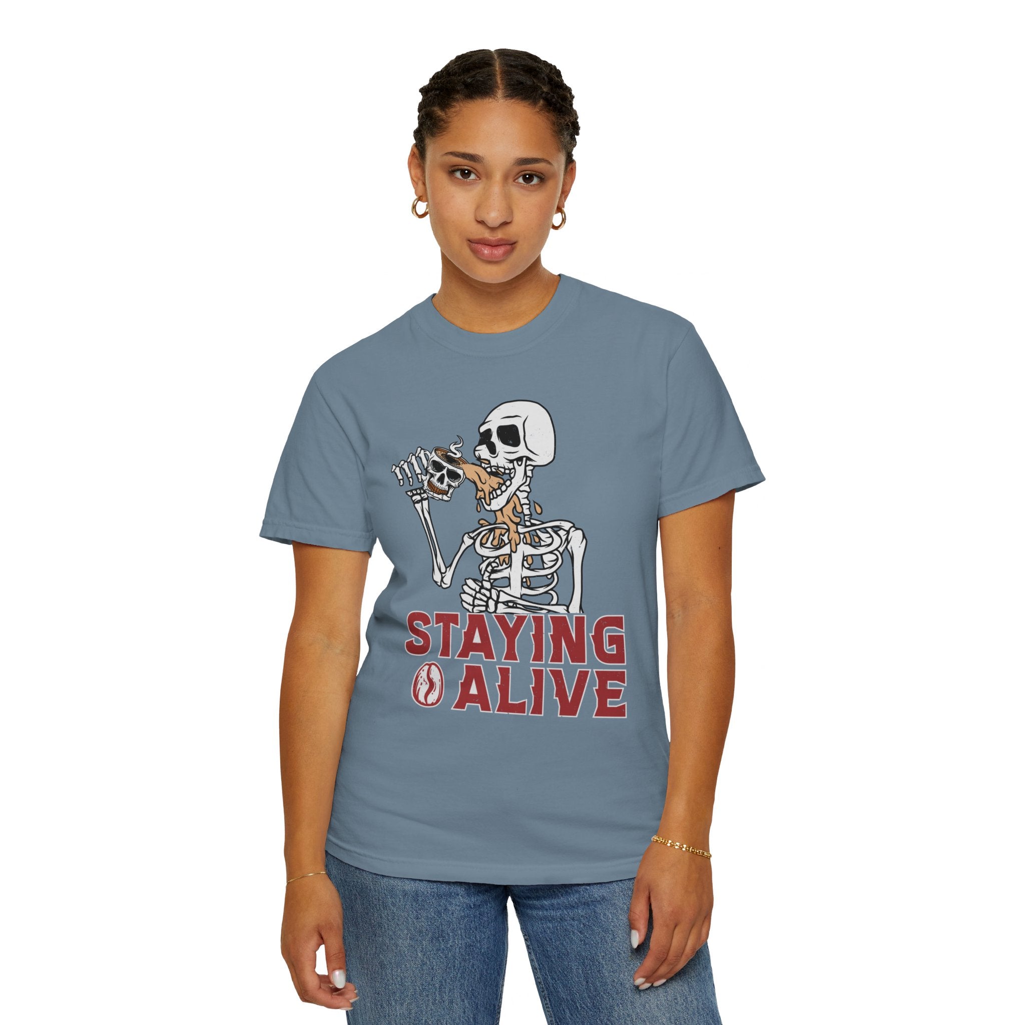 Staying Alive Shirt, Trendy Coffee Shirt, Funny Skeleton T-Shirt, Coffee Lovers Gift Skull Vintage Halloween Tshirt Women Comfort Colors Tee