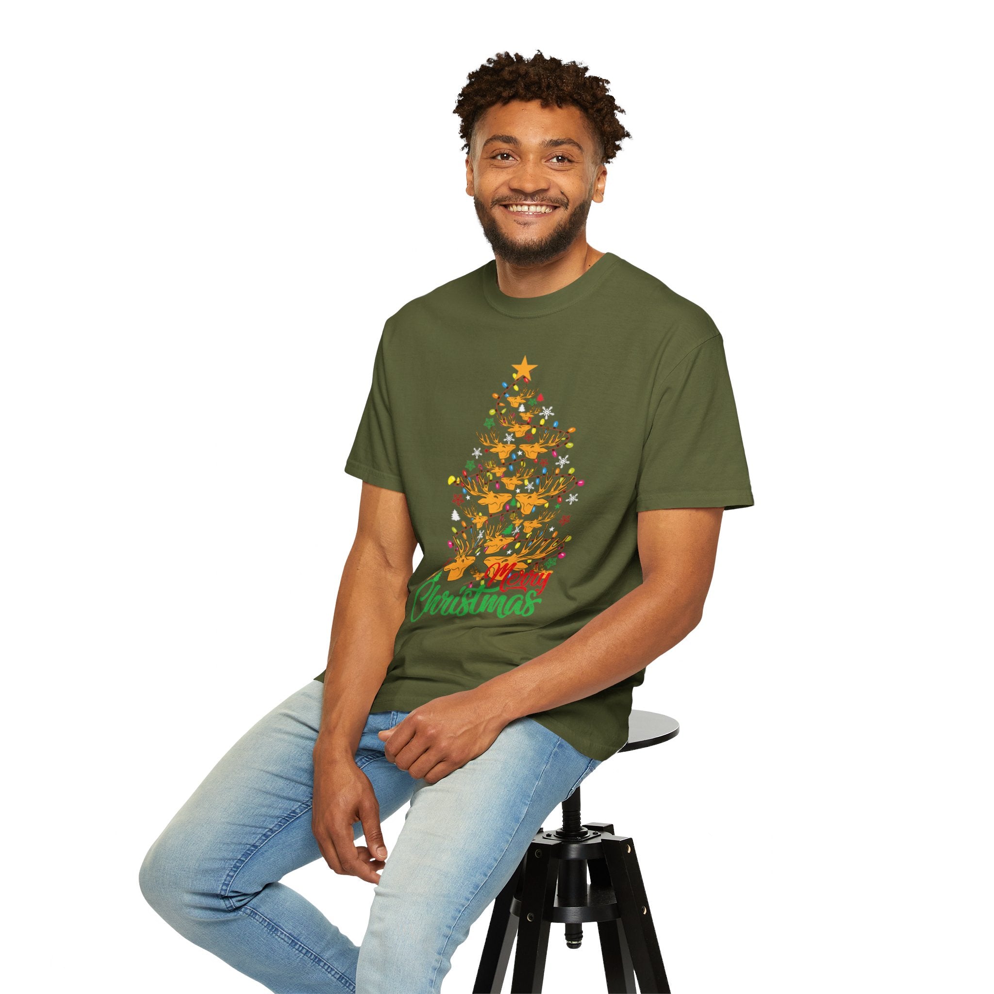 Christmas Tee, Christmas Deer Tree Shirt, Deer Head Trees Design on premium cotton unisex shirt, plus sizes, 2x, 3x, 4x