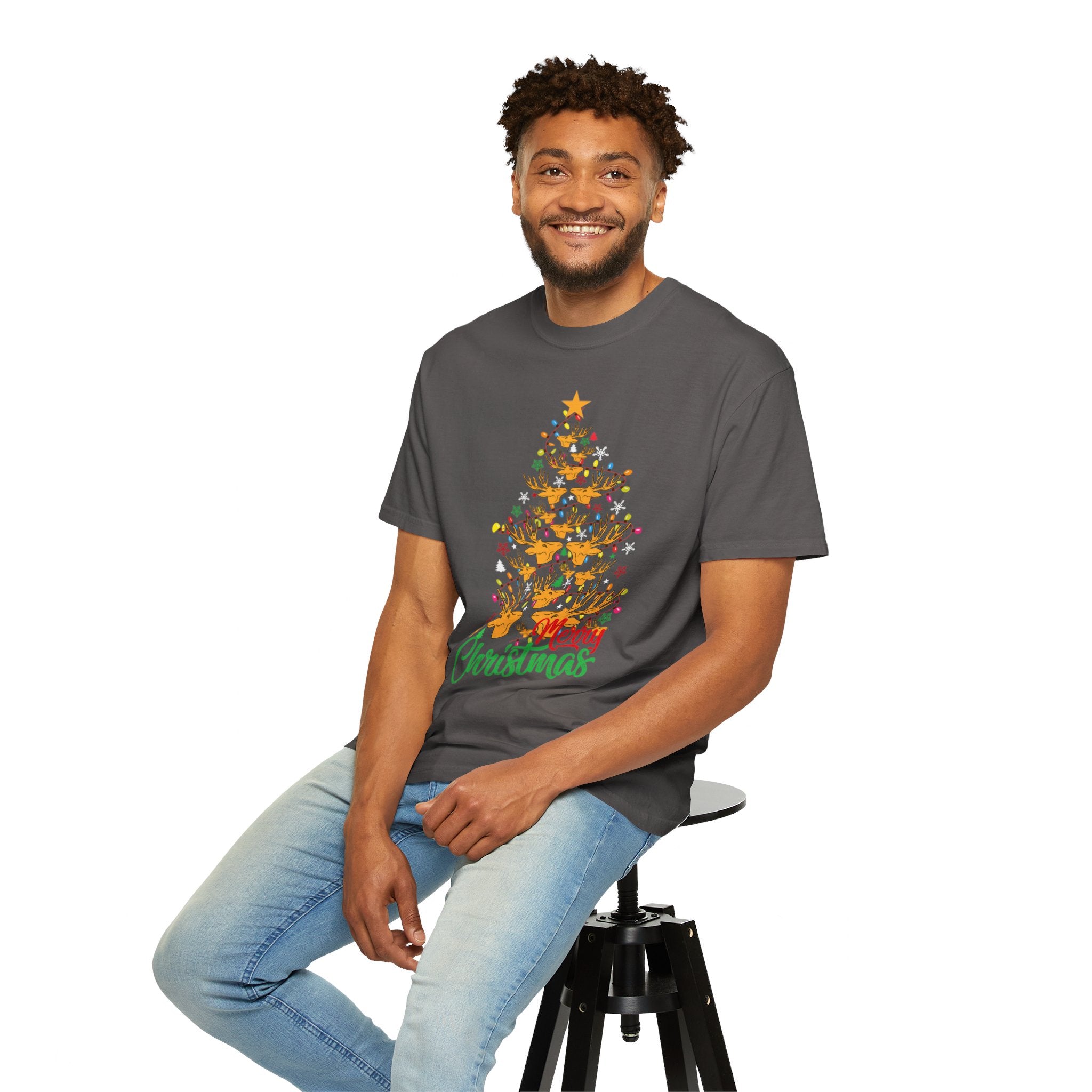 Christmas Tee, Christmas Deer Tree Shirt, Deer Head Trees Design on premium cotton unisex shirt, plus sizes, 2x, 3x, 4x