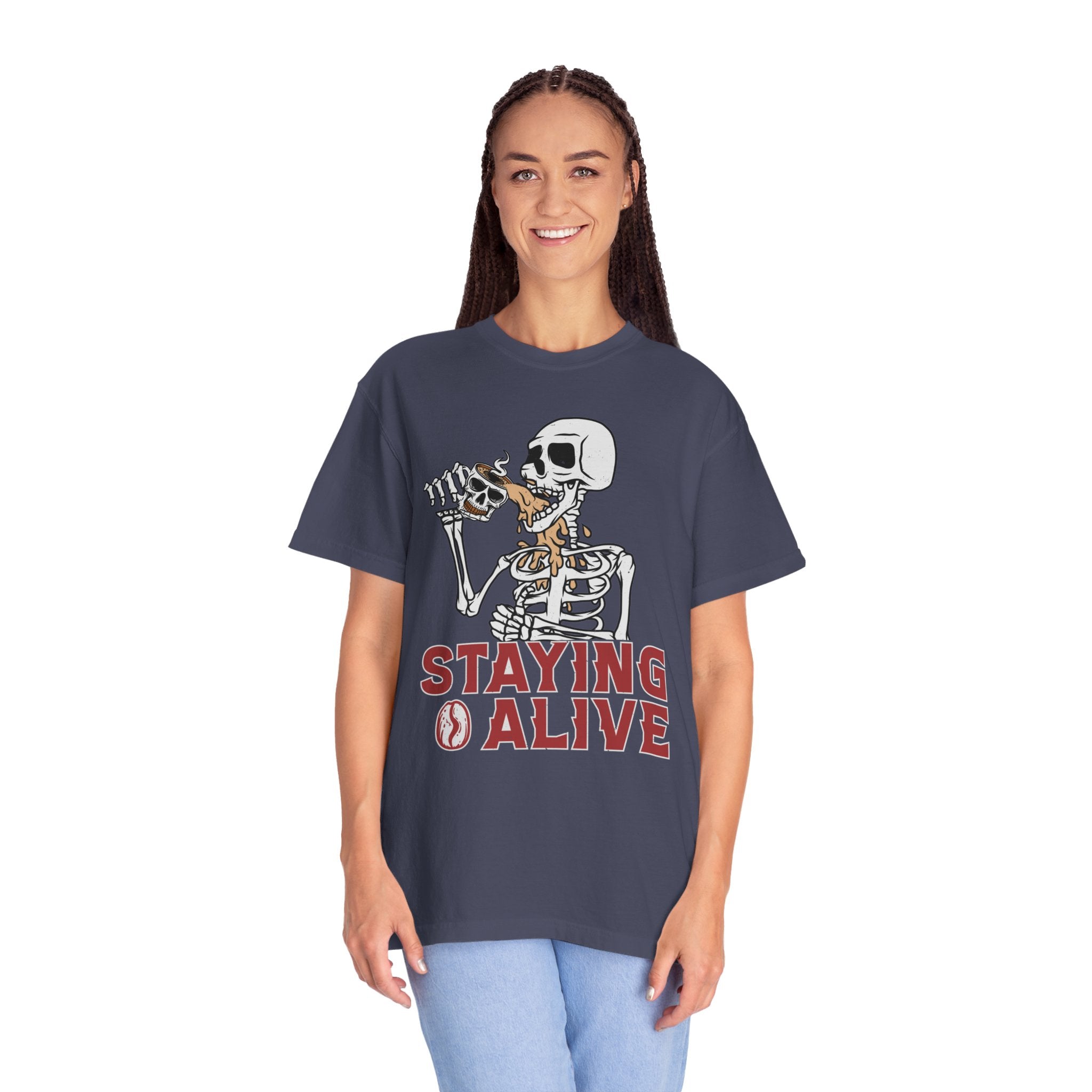 Staying Alive Shirt, Trendy Coffee Shirt, Funny Skeleton T-Shirt, Coffee Lovers Gift Skull Vintage Halloween Tshirt Women Comfort Colors Tee