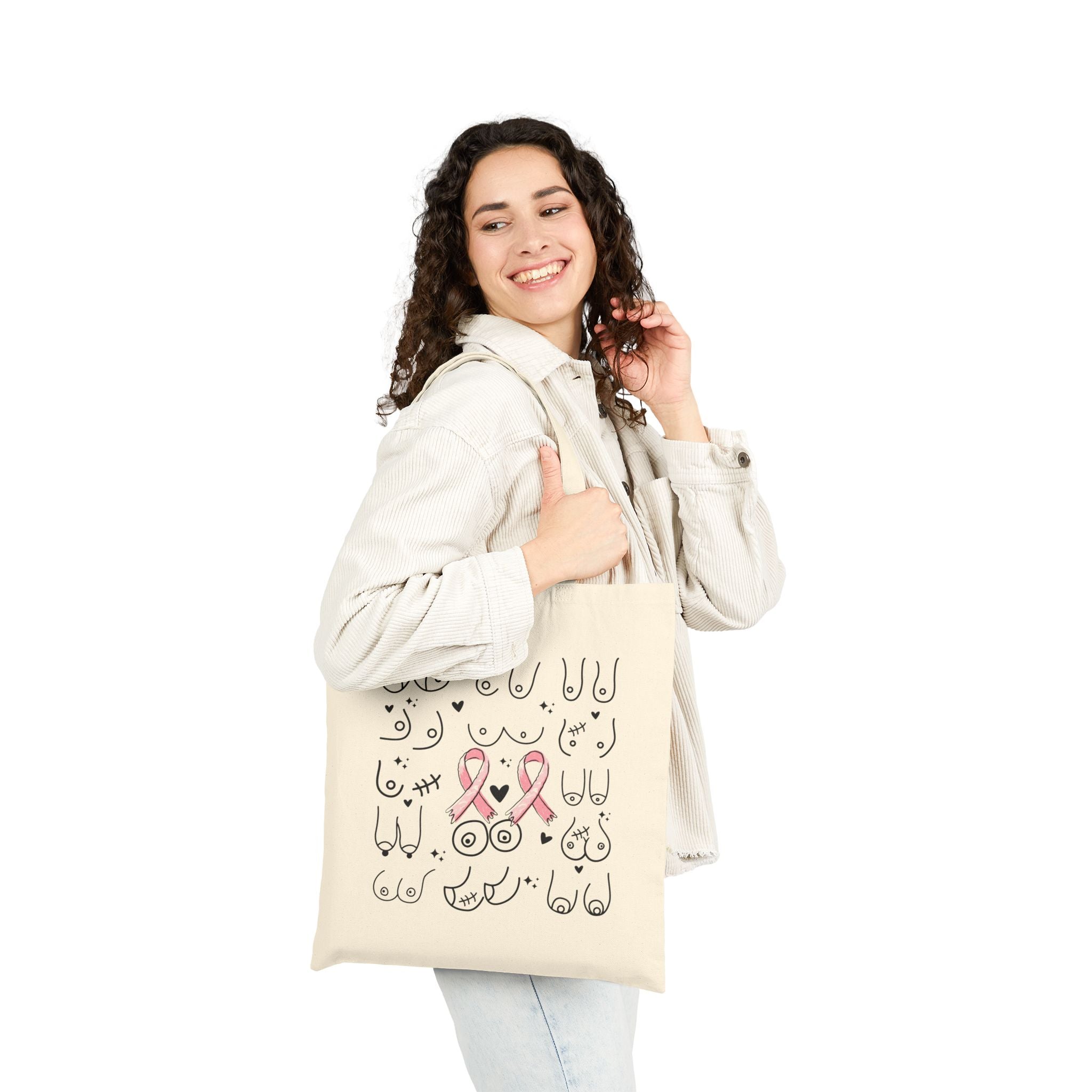 Boobs Tote Bag, Breast Cancer Awareness Tote Bag, Boob Bag, Feminist Tote Bag, Feminist Gift, Boob Design with Pink Ribbon, Self Love Gift, Funny Tote Bag, Body Positive, Womens Rights