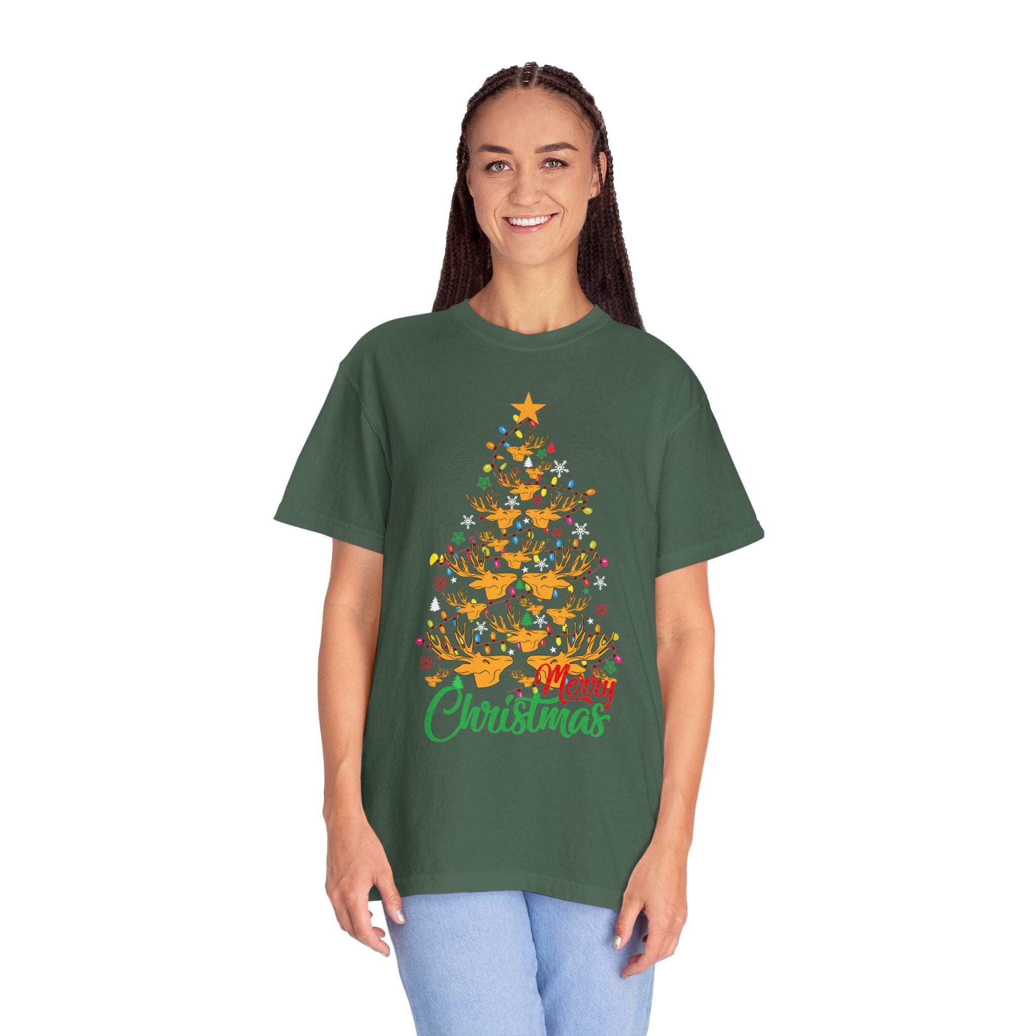 Christmas Tee, Christmas Deer Tree Shirt, Deer Head Trees Design on premium cotton unisex shirt, plus sizes, 2x, 3x, 4x
