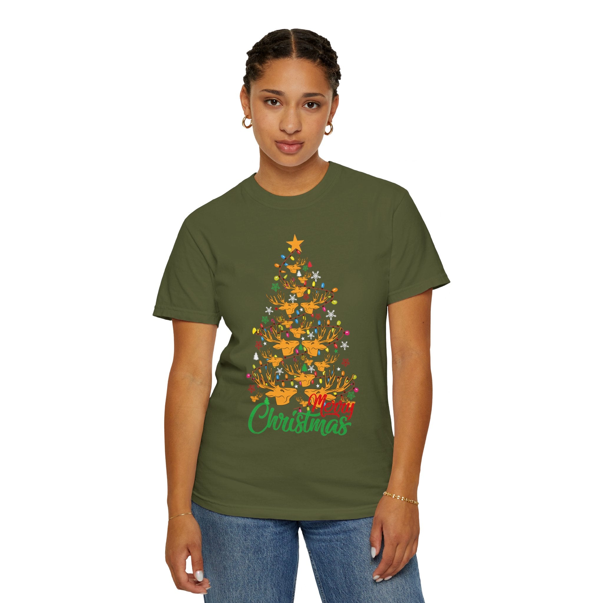 Christmas Tee, Christmas Deer Tree Shirt, Deer Head Trees Design on premium cotton unisex shirt, plus sizes, 2x, 3x, 4x