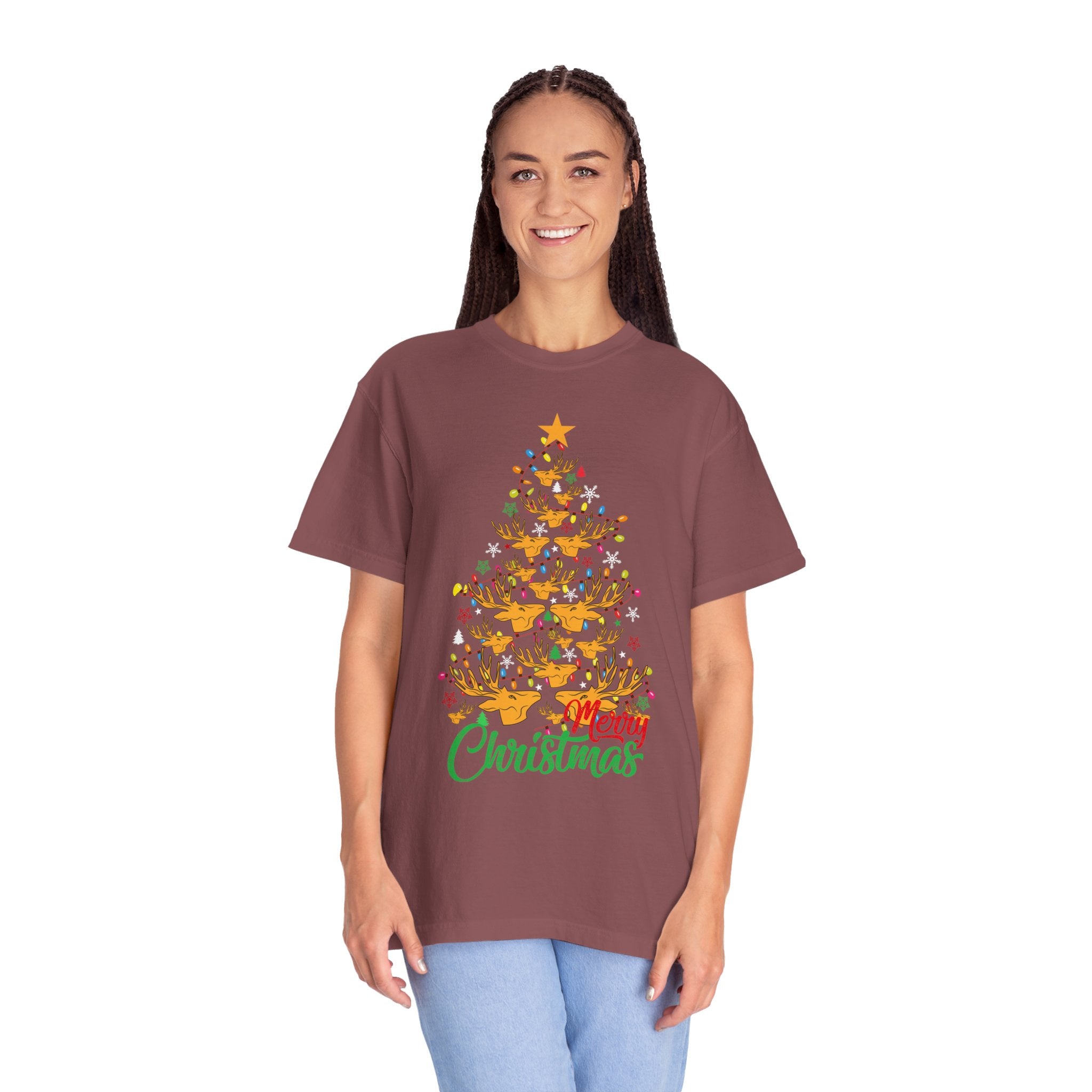 Christmas Tee, Christmas Deer Tree Shirt, Deer Head Trees Design on premium cotton unisex shirt, plus sizes, 2x, 3x, 4x