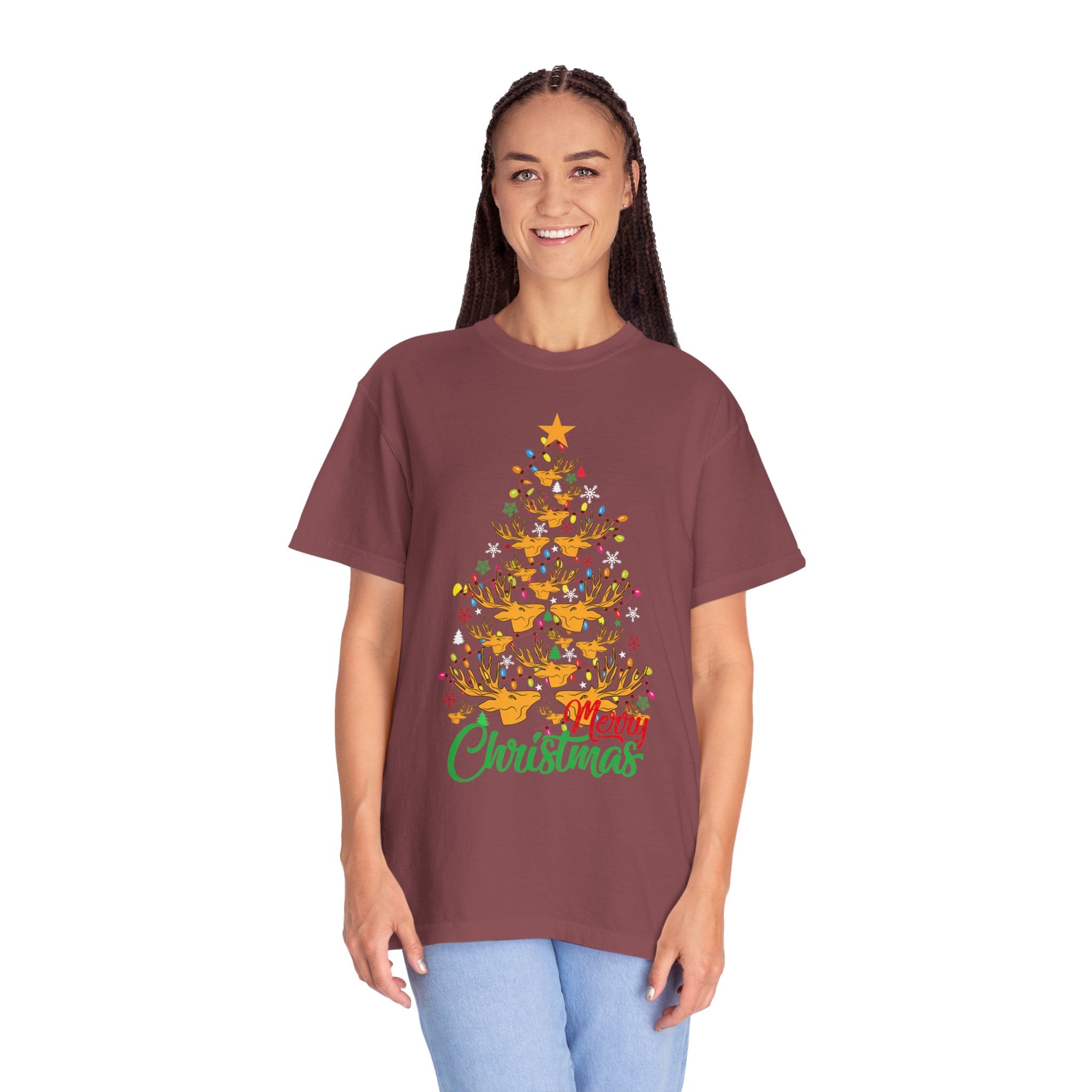 Christmas Tee, Christmas Deer Tree Shirt, Deer Head Trees Design on premium cotton unisex shirt, plus sizes, 2x, 3x, 4x