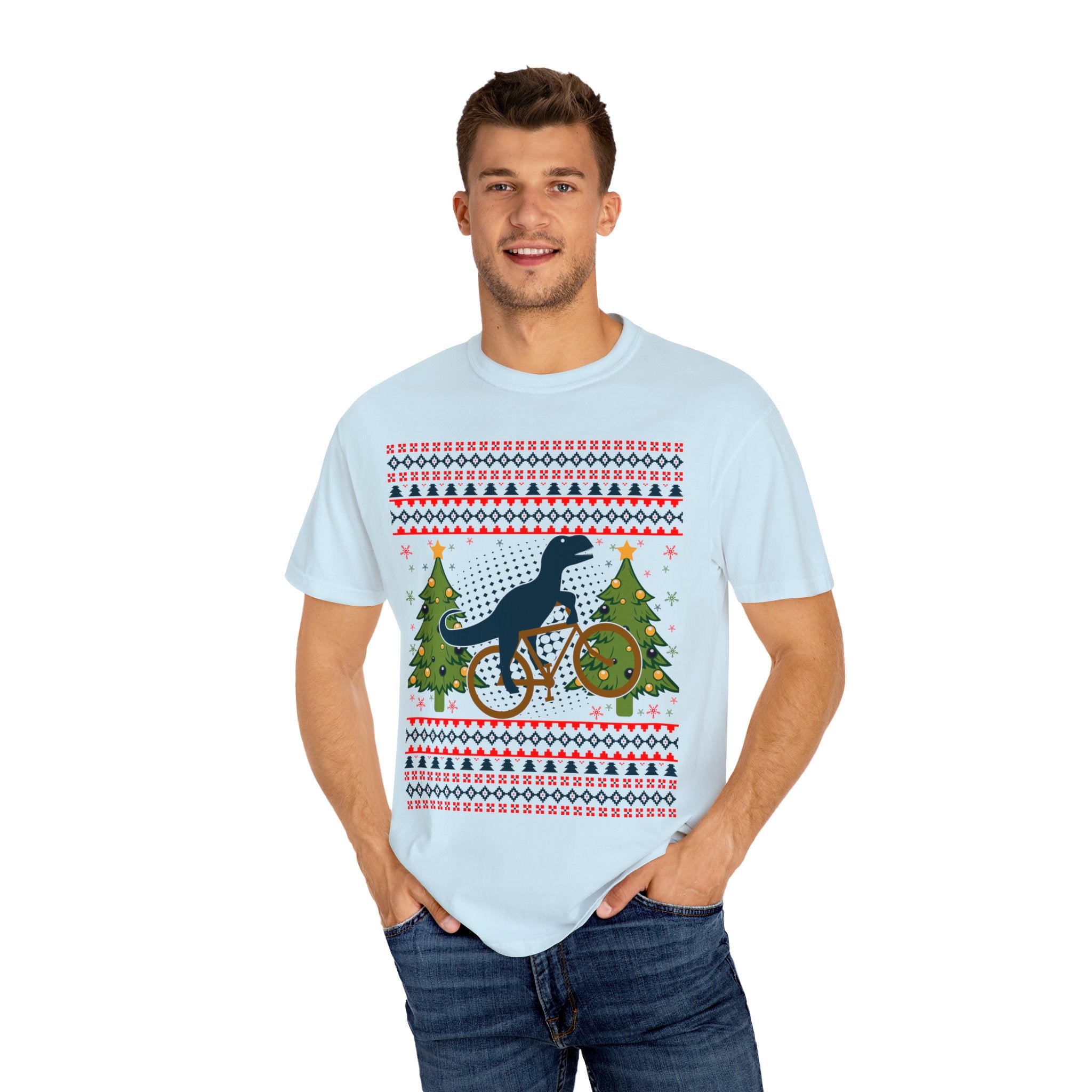 Ugly Christmas Dinosaur Riding Bike Shirt, Dinosaur Christmas Sweater, Dino Riders Tshirt, Dinosaur on a Bike Shirt