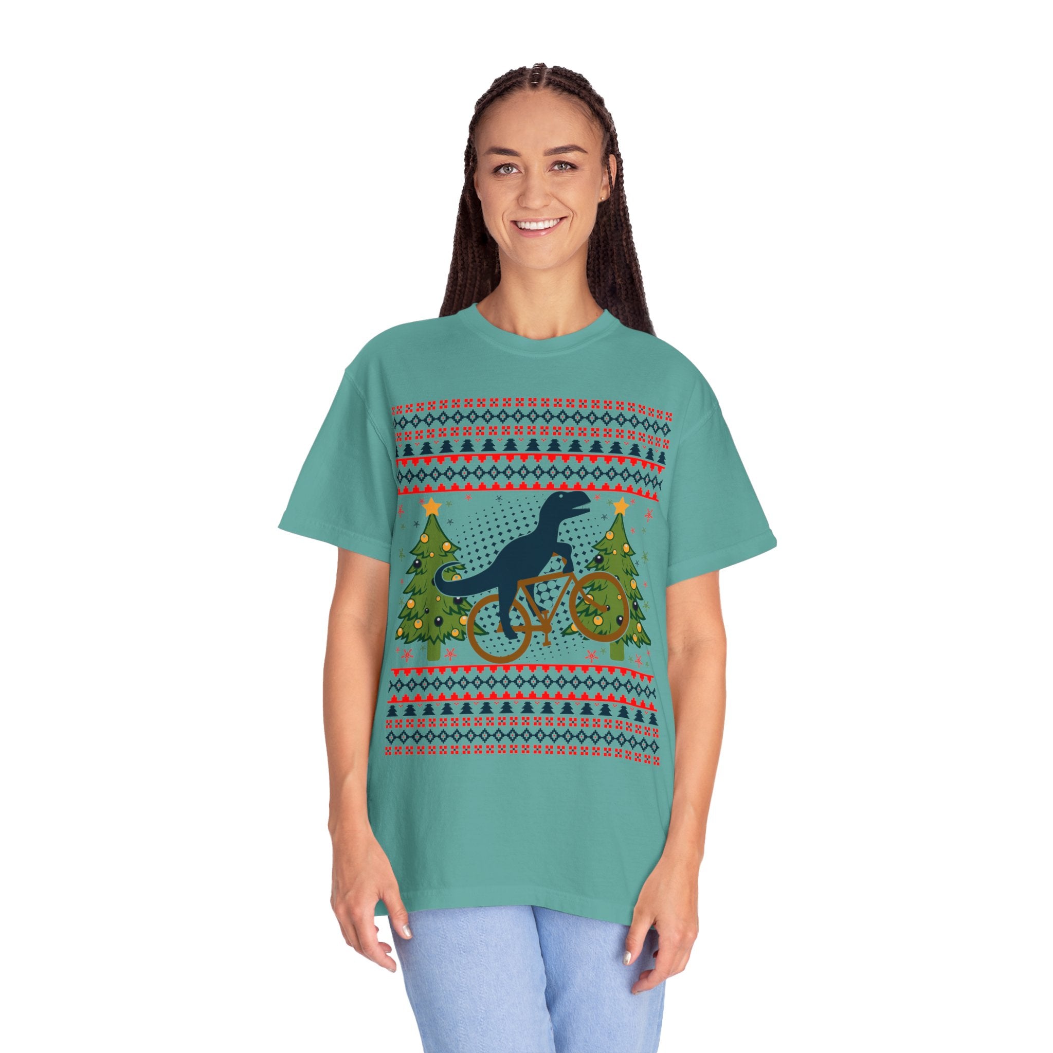 Ugly Christmas Dinosaur Riding Bike Shirt, Dinosaur Christmas Sweater, Dino Riders Tshirt, Dinosaur on a Bike Shirt