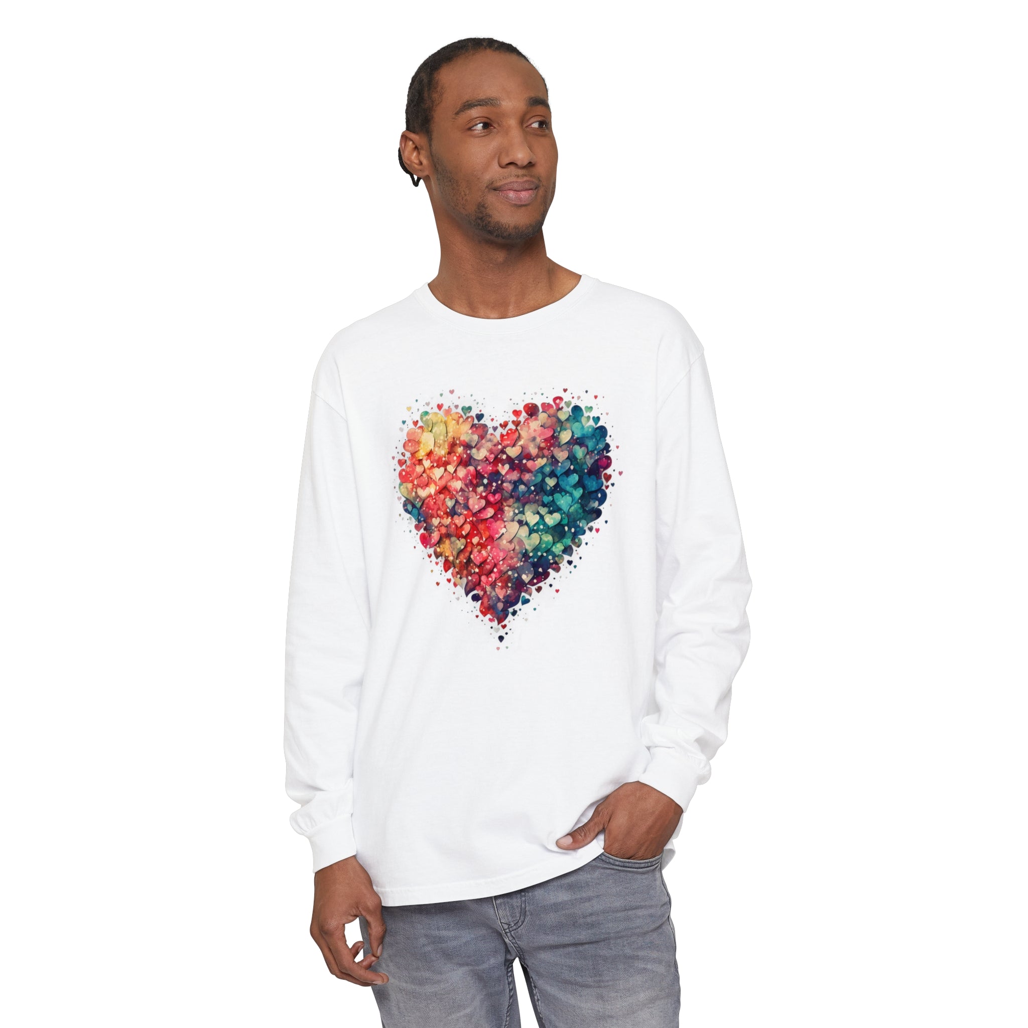 Watercolor Heart Long Sleeve T-Shirt, Colorful Heart Shirt, Cute Heart Valentines Love Long sleeve Tee, Beautiful Watercolor Heart, Hearts Layered Design