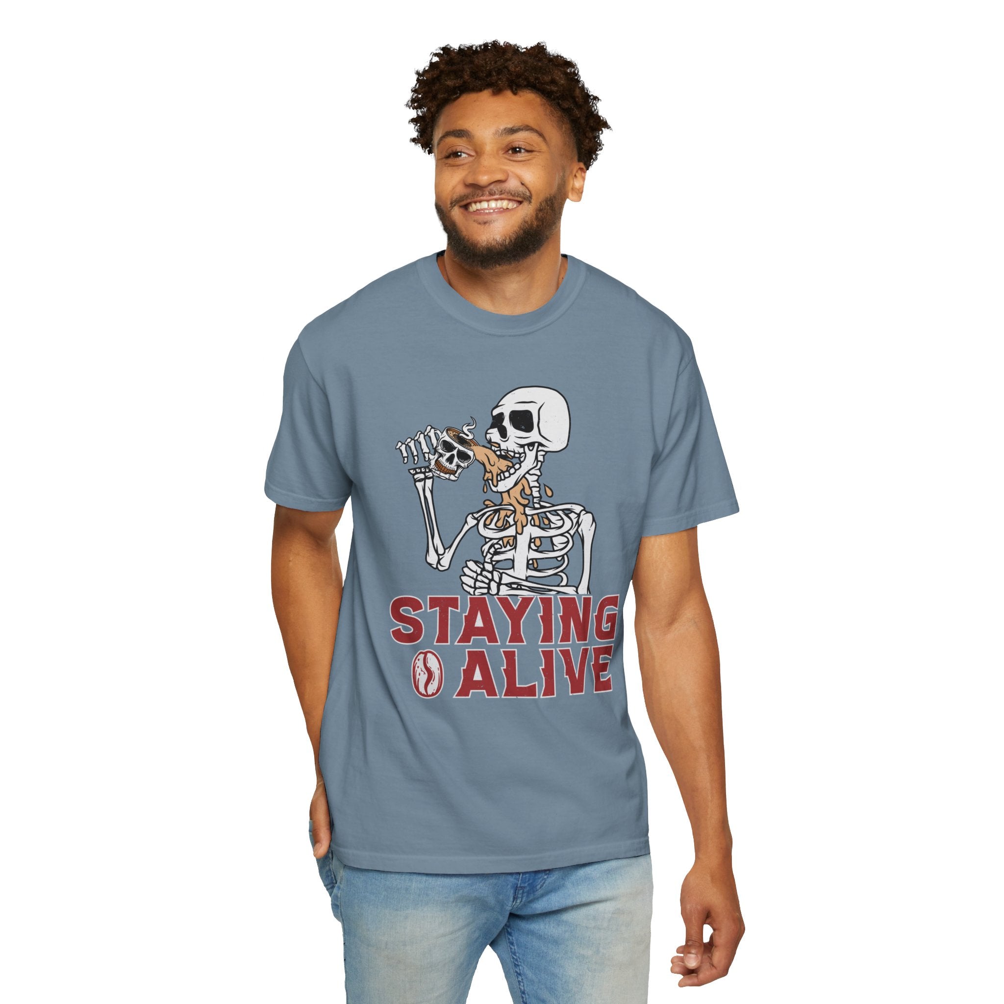 Staying Alive Shirt, Trendy Coffee Shirt, Funny Skeleton T-Shirt, Coffee Lovers Gift Skull Vintage Halloween Tshirt Women Comfort Colors Tee