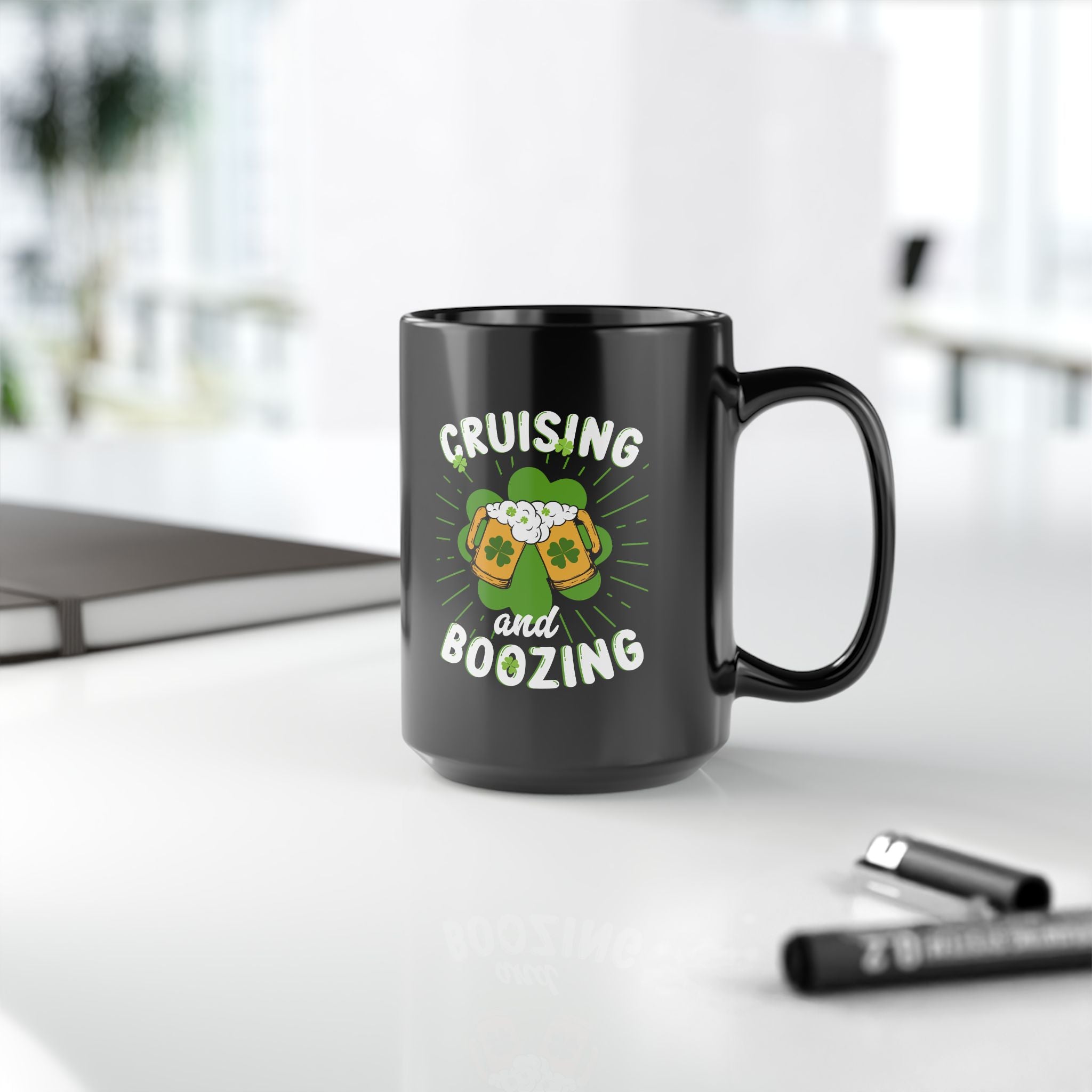 St. Patrick's Day Cruising and Boozing Drinking Black Coffee Mug