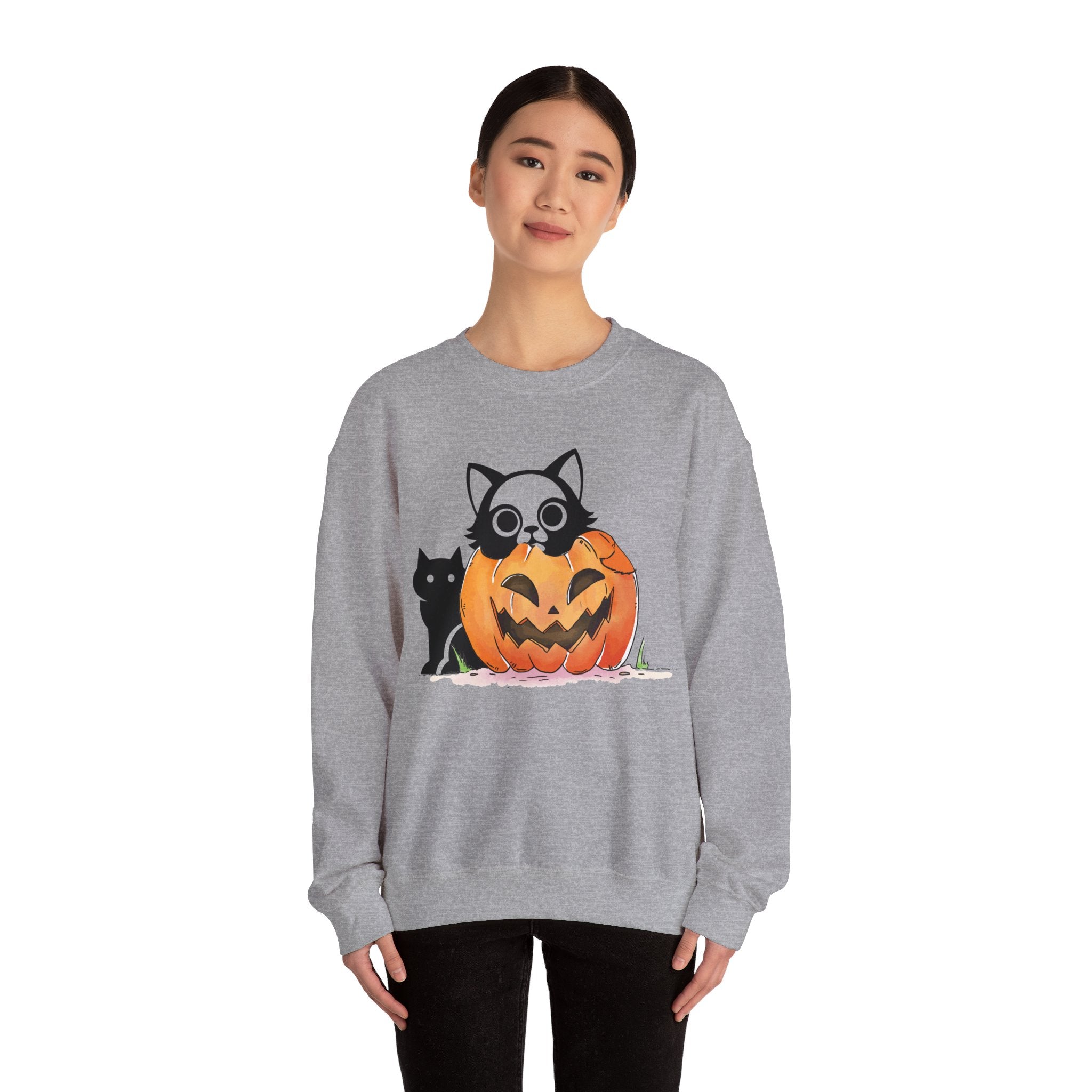 Black Cat Pumpkin Sweatshirt, Halloween Sweatshirt, Pumpkin shirt, Fall Sweatshirt for Women, Halloween Crewneck, Spooky Season, Bat top