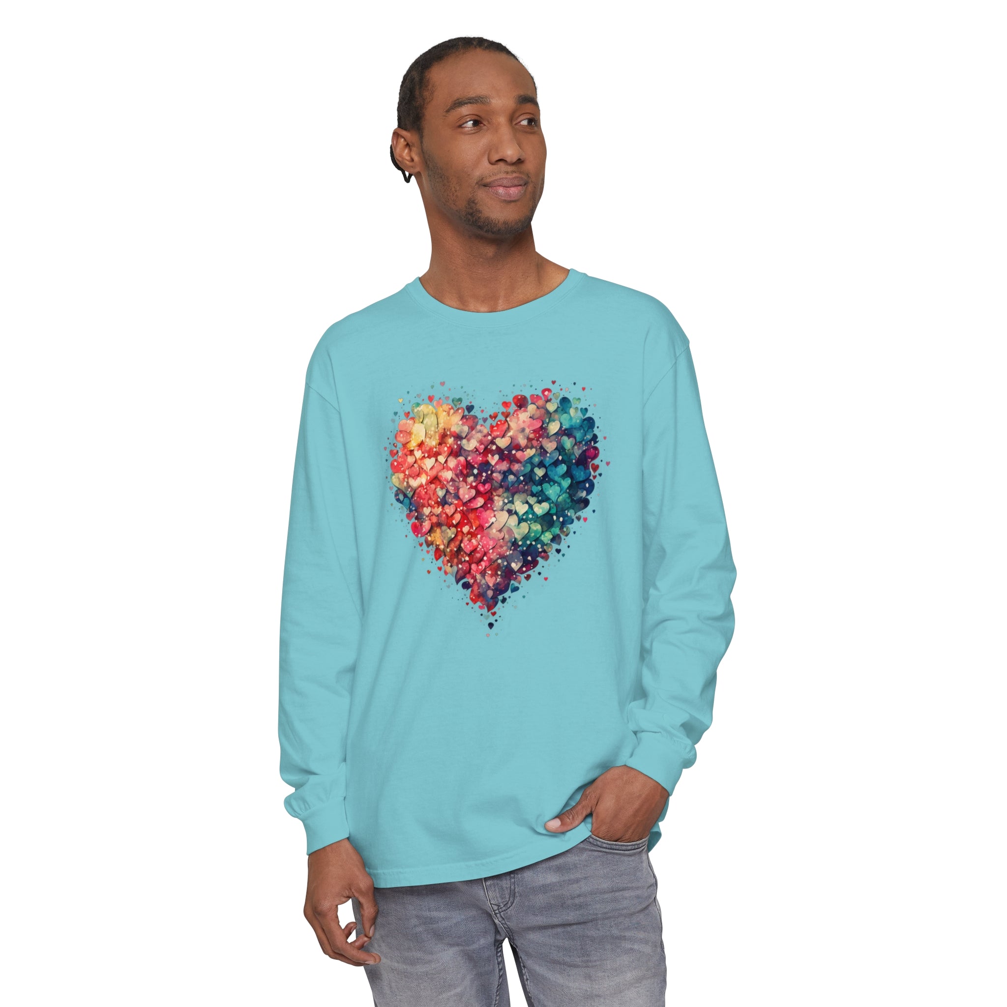 Watercolor Heart Long Sleeve T-Shirt, Colorful Heart Shirt, Cute Heart Valentines Love Long sleeve Tee, Beautiful Watercolor Heart, Hearts Layered Design