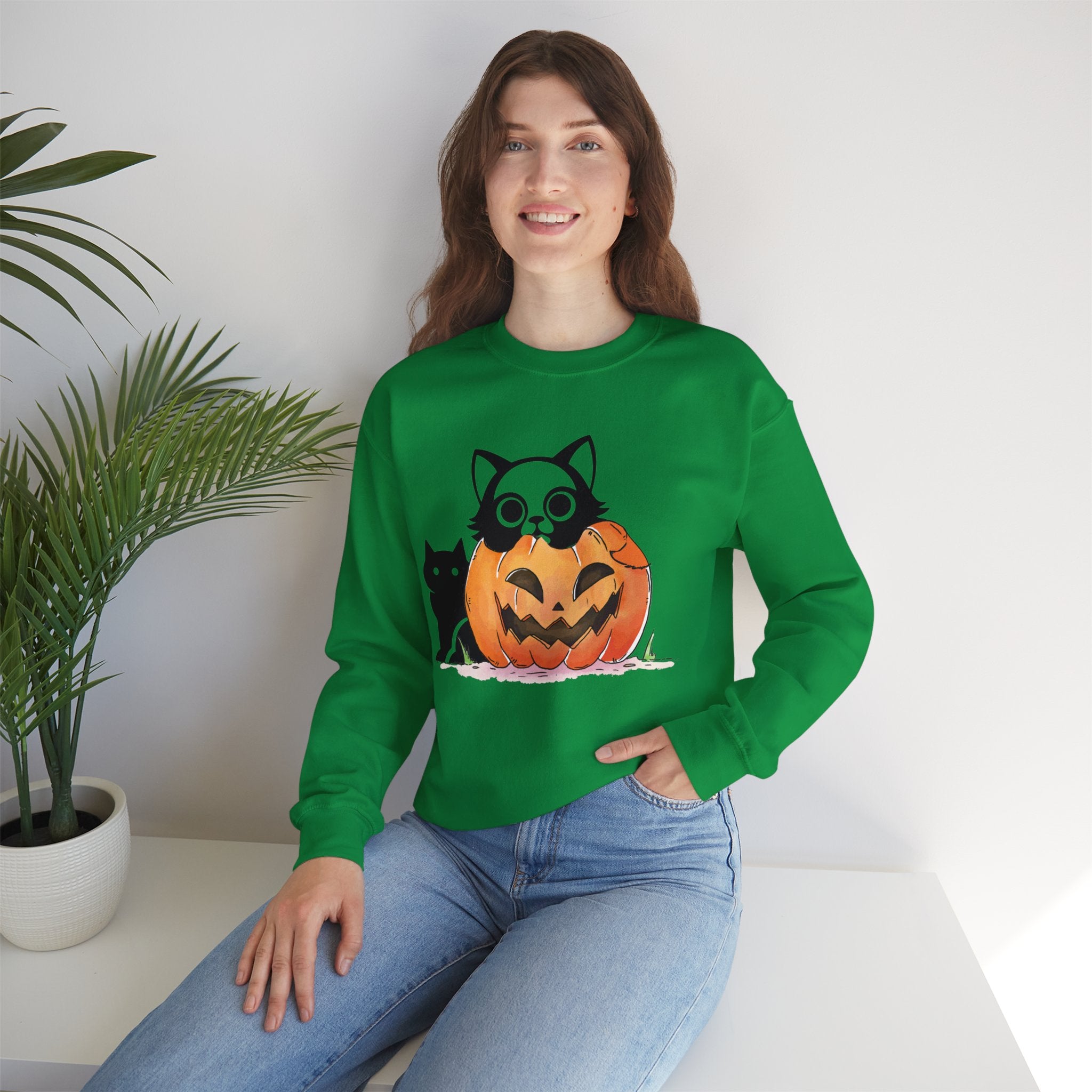 Black Cat Pumpkin Sweatshirt, Halloween Sweatshirt, Pumpkin shirt, Fall Sweatshirt for Women, Halloween Crewneck, Spooky Season, Bat top