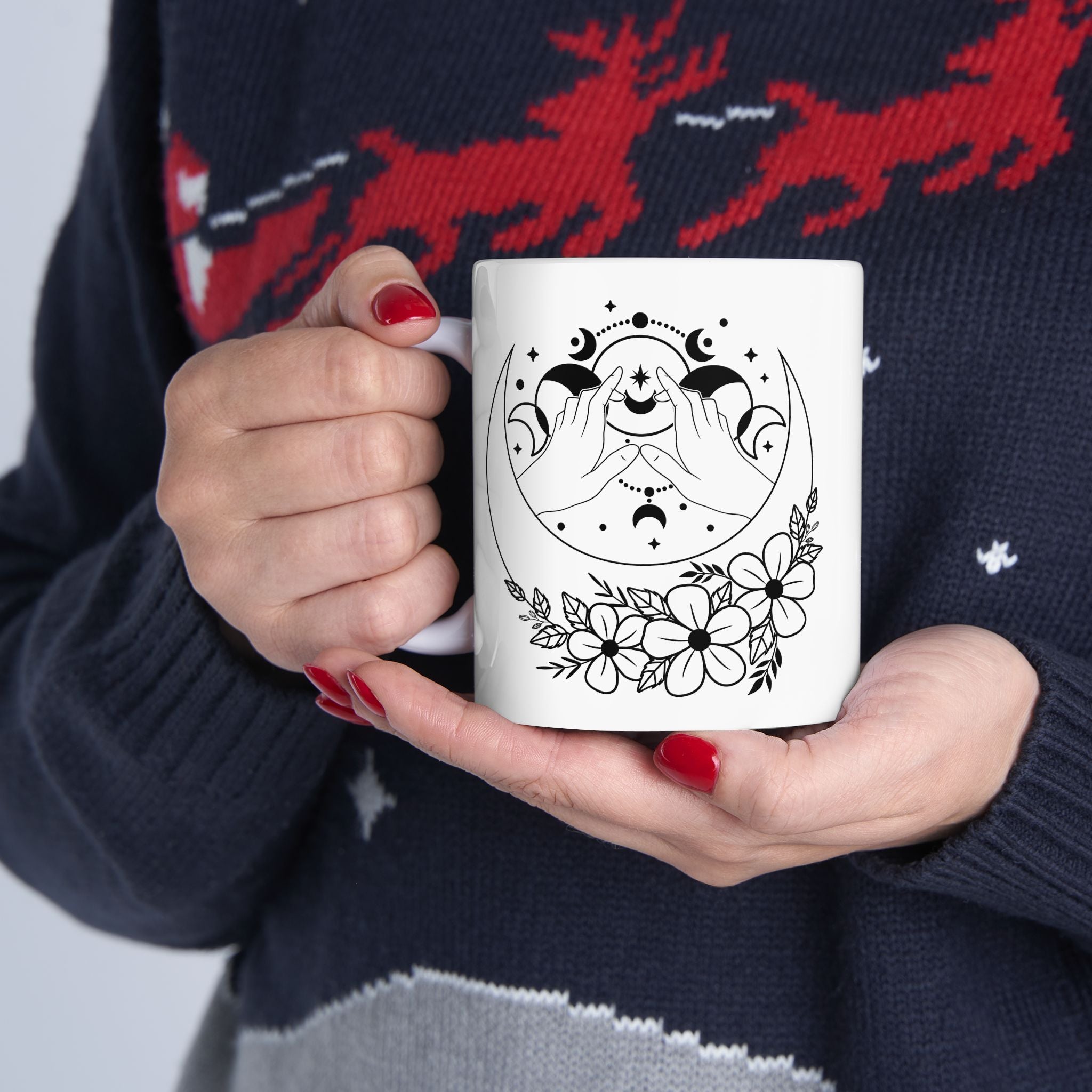 Mystical Moon Phase Witch Hands Mug, Moon Phase Coffee Mug, Celestial Mug, Floral Moon Phase Cup