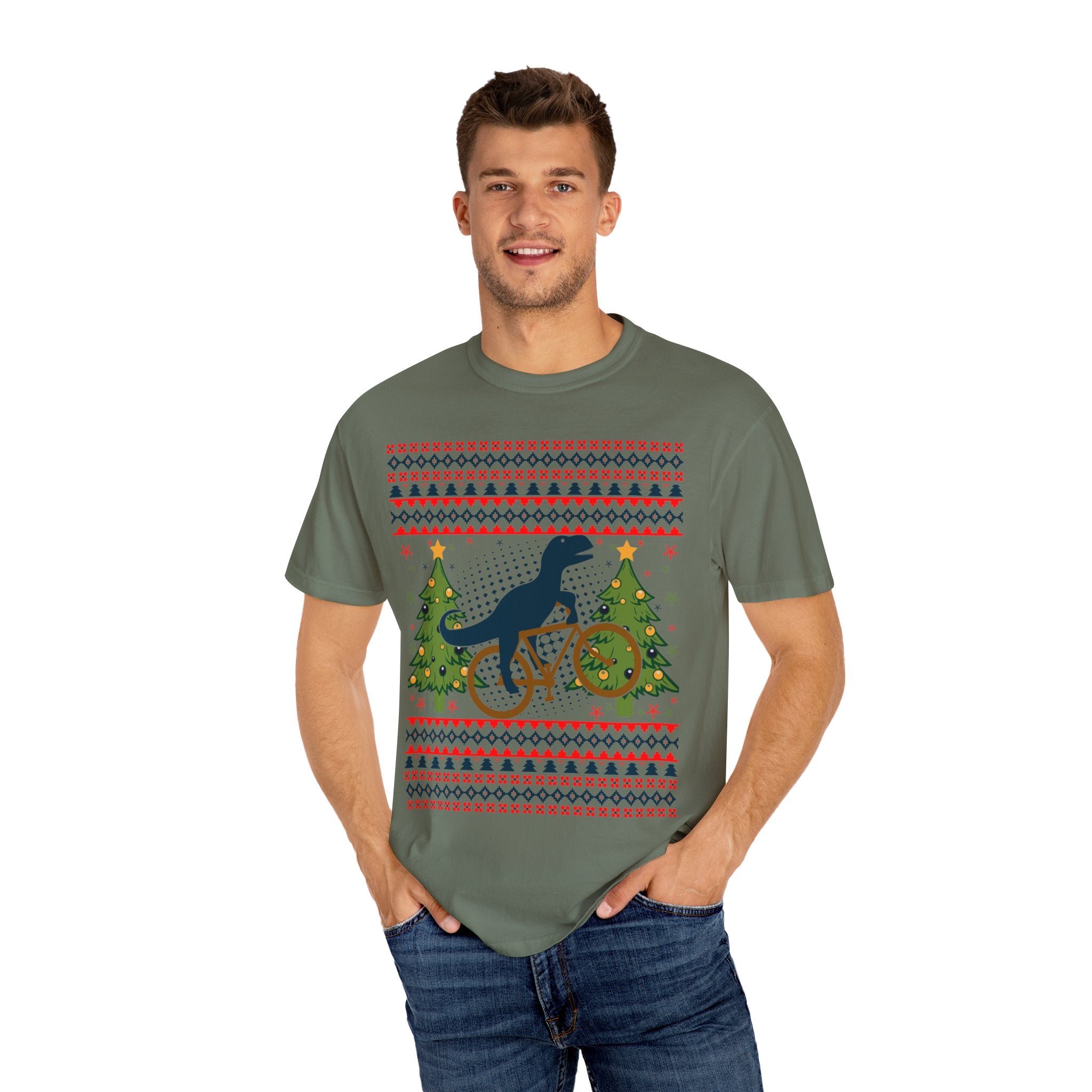 Ugly Christmas Dinosaur Riding Bike Shirt, Dinosaur Christmas Sweater, Dino Riders Tshirt, Dinosaur on a Bike Shirt