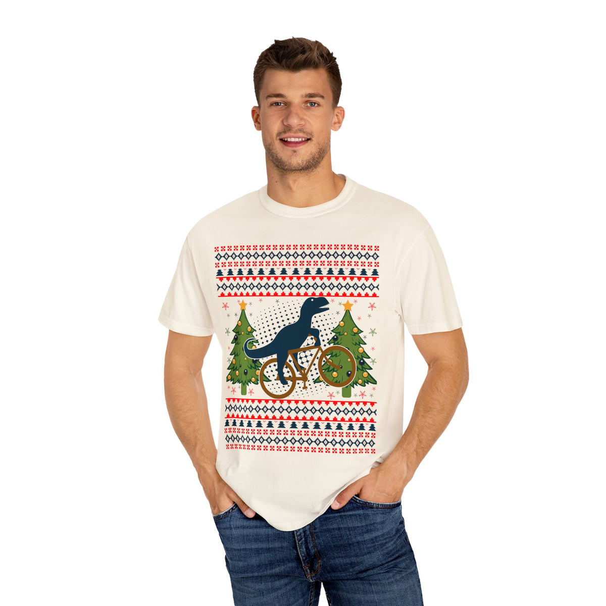 Ugly Christmas Dinosaur Riding Bike Shirt, Dinosaur Christmas Sweater, Dino Riders Tshirt, Dinosaur on a Bike Shirt