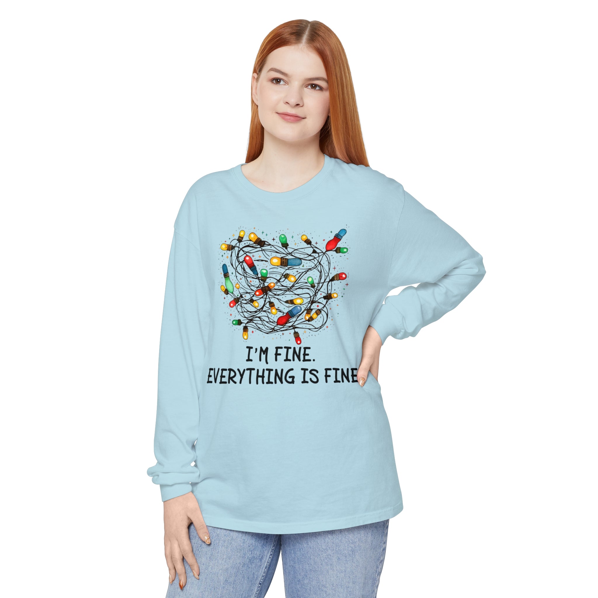 I'm Fine Everything Is Fine Long Sleeve T-Shirt, I'm Fine Tangled Christmas Lights Comfort Colors Long Sleeve Shirt, Introverts Christmas Anxiety Shirt