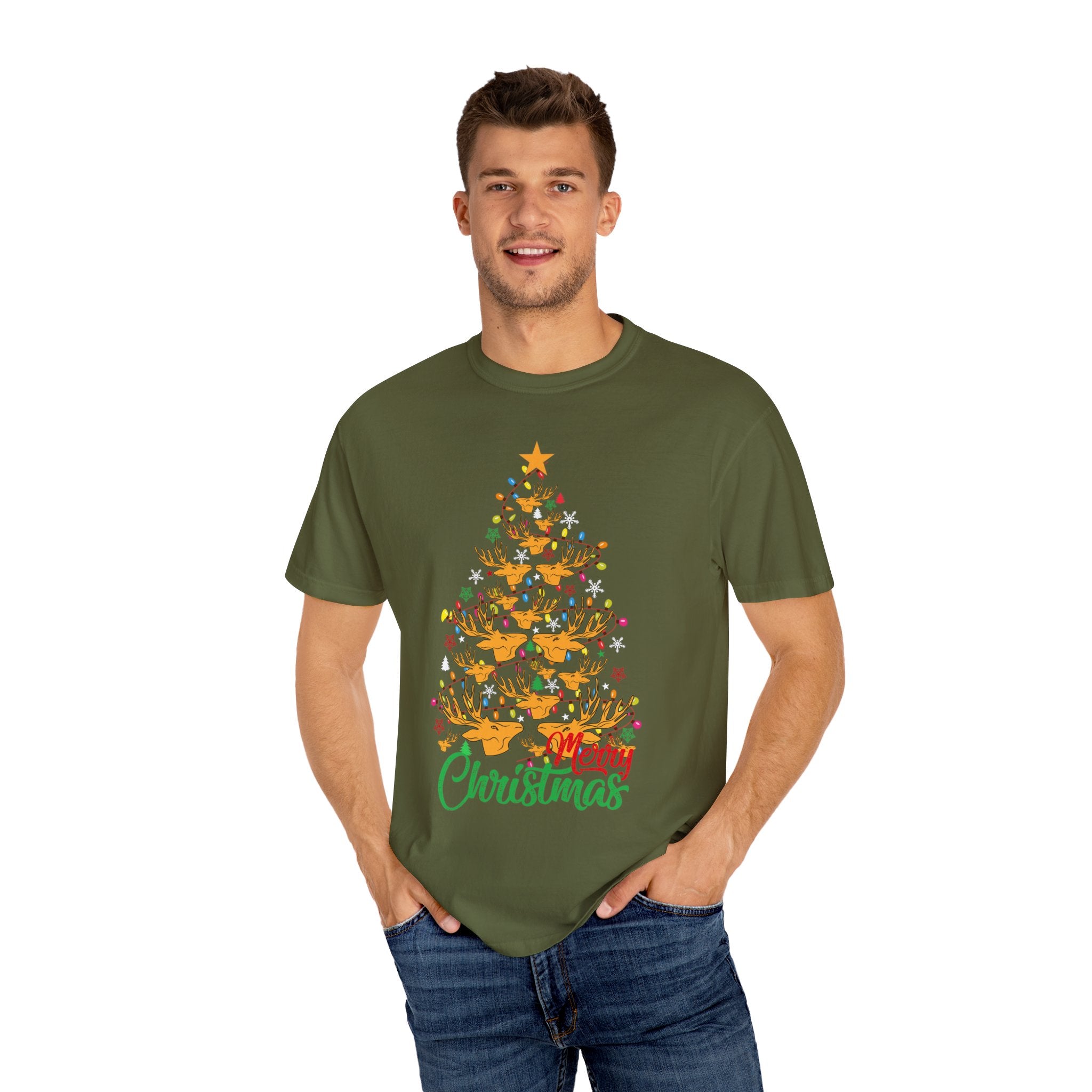 Christmas Tee, Christmas Deer Tree Shirt, Deer Head Trees Design on premium cotton unisex shirt, plus sizes, 2x, 3x, 4x