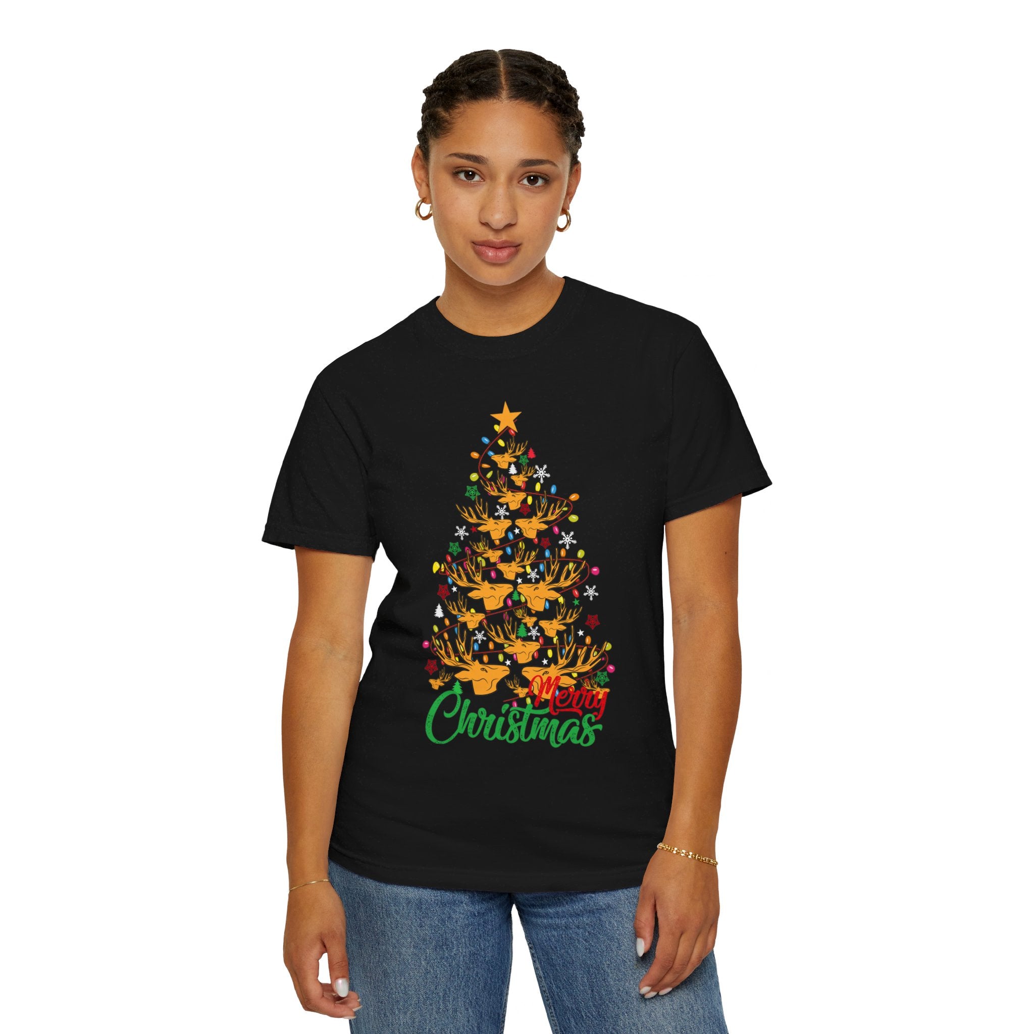 Christmas Tee, Christmas Deer Tree Shirt, Deer Head Trees Design on premium cotton unisex shirt, plus sizes, 2x, 3x, 4x