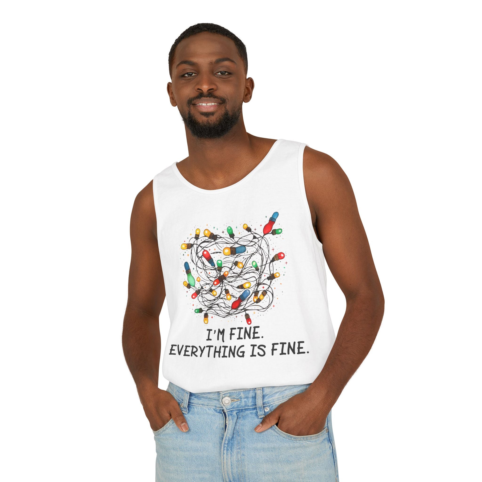 I'm Fine Everything is Fine Tank Top, Tangled Christmas Lights Tank Top, Unisex Xmas Graphic Tee, Christmas Lights Tank top