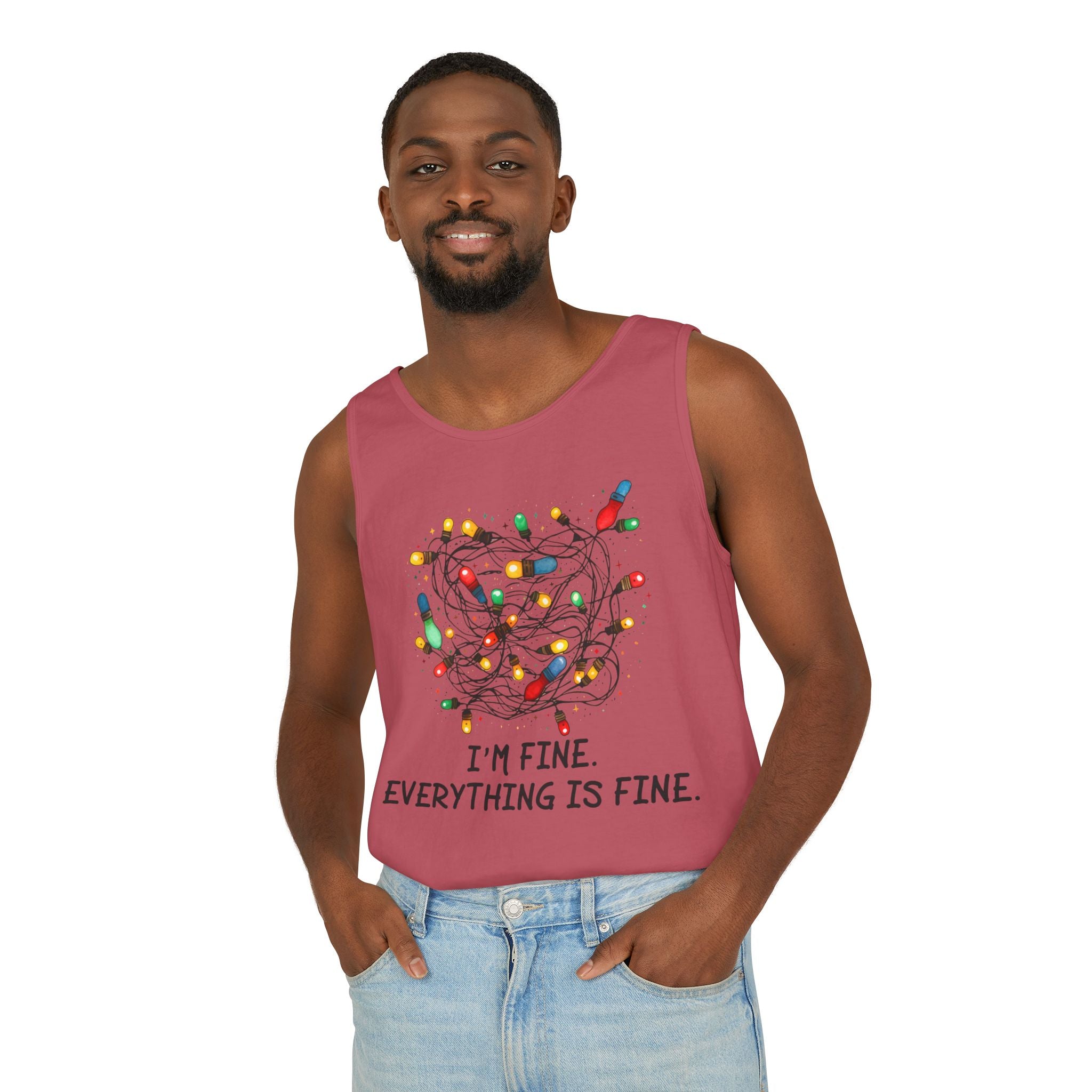 I'm Fine Everything is Fine Tank Top, Tangled Christmas Lights Tank Top, Unisex Xmas Graphic Tee, Christmas Lights Tank top