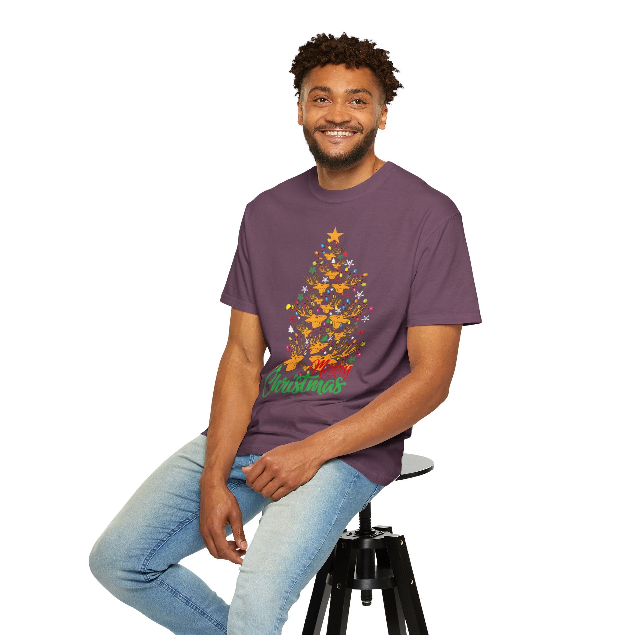Christmas Tee, Christmas Deer Tree Shirt, Deer Head Trees Design on premium cotton unisex shirt, plus sizes, 2x, 3x, 4x