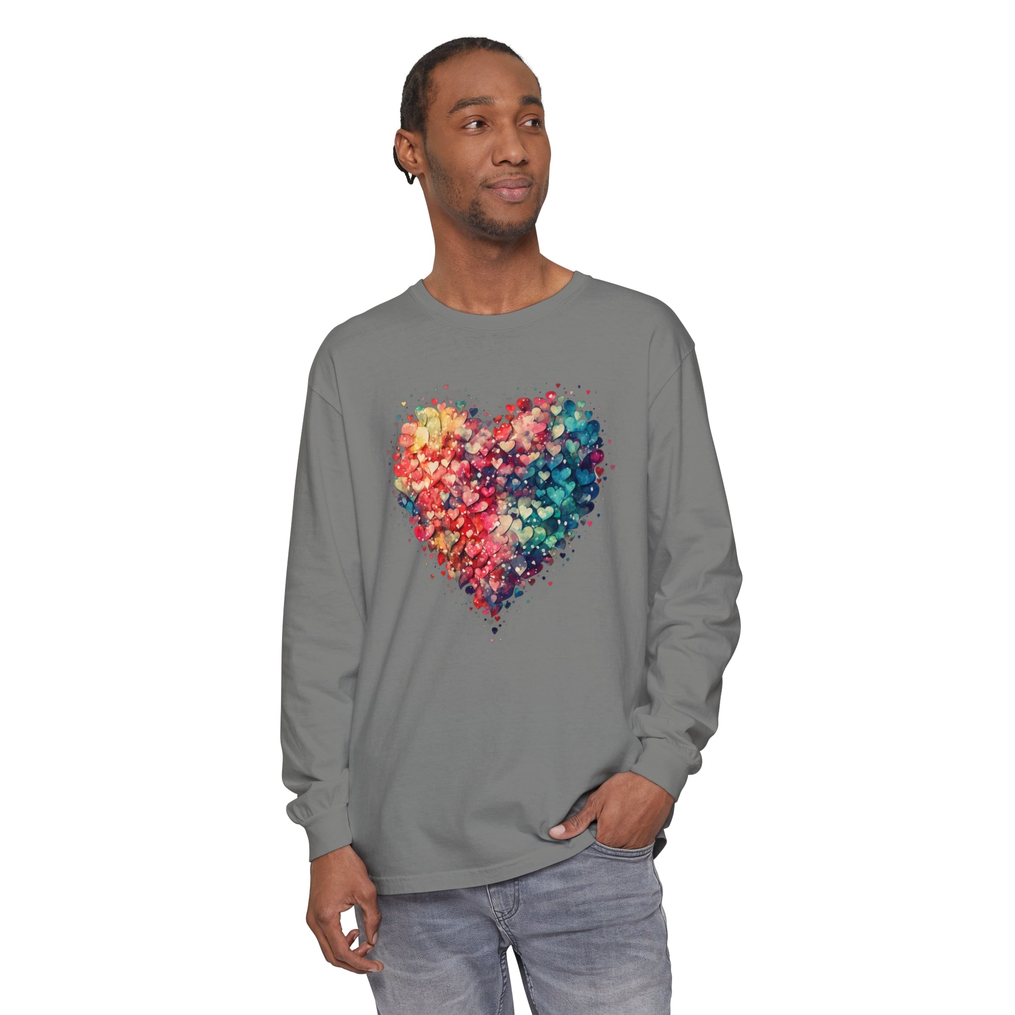 Watercolor Heart Long Sleeve T-Shirt, Colorful Heart Shirt, Cute Heart Valentines Love Long sleeve Tee, Beautiful Watercolor Heart, Hearts Layered Design