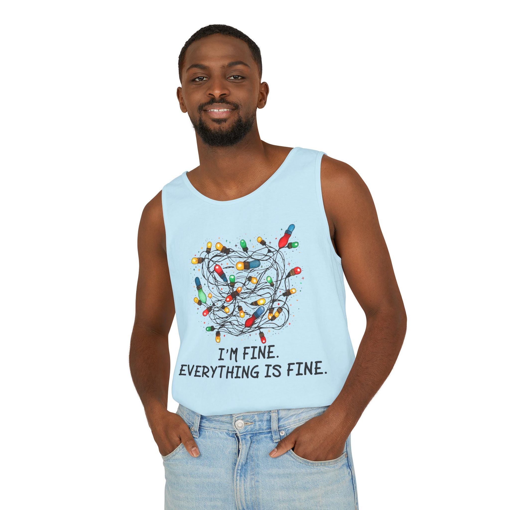 I'm Fine Everything is Fine Tank Top, Tangled Christmas Lights Tank Top, Unisex Xmas Graphic Tee, Christmas Lights Tank top