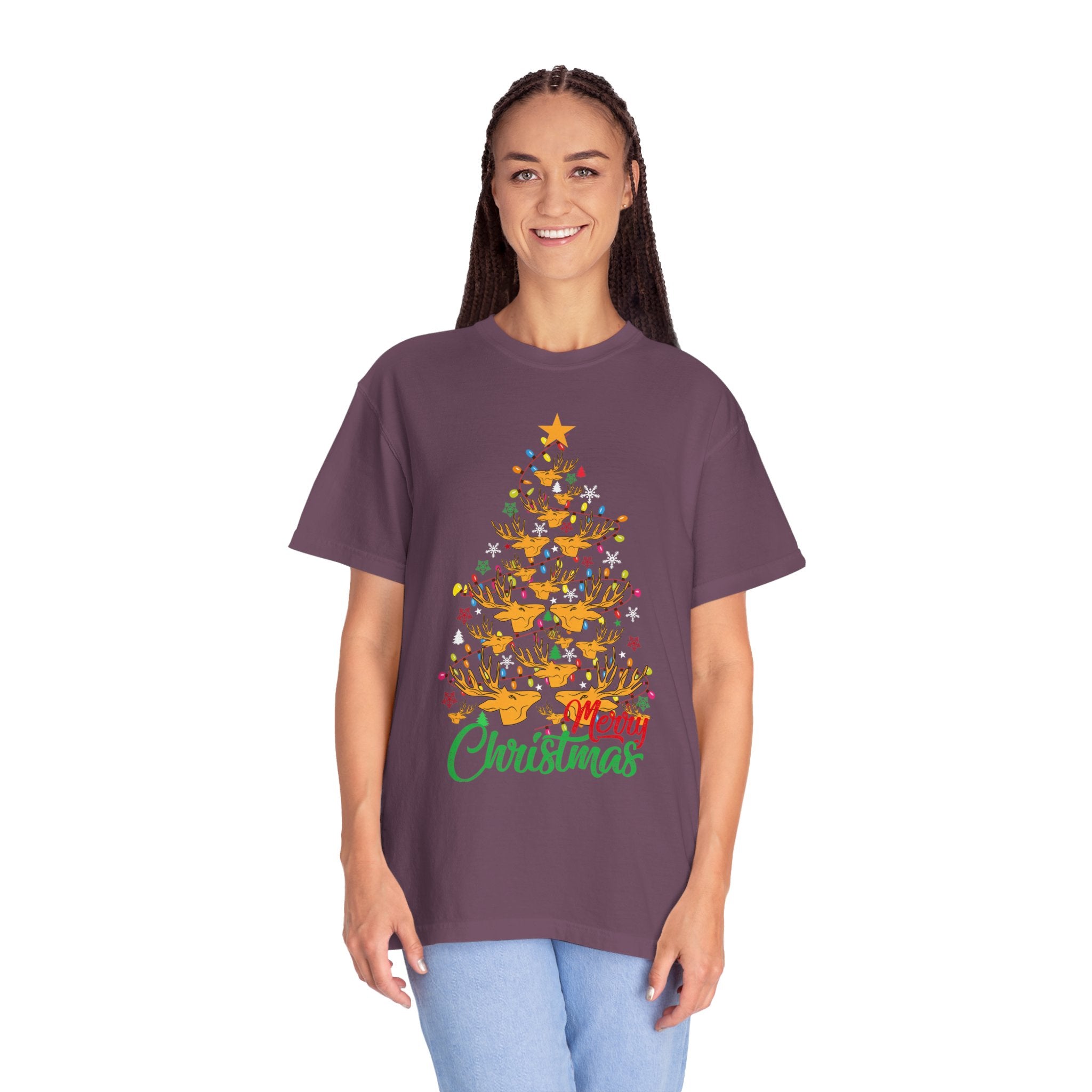 Christmas Tee, Christmas Deer Tree Shirt, Deer Head Trees Design on premium cotton unisex shirt, plus sizes, 2x, 3x, 4x