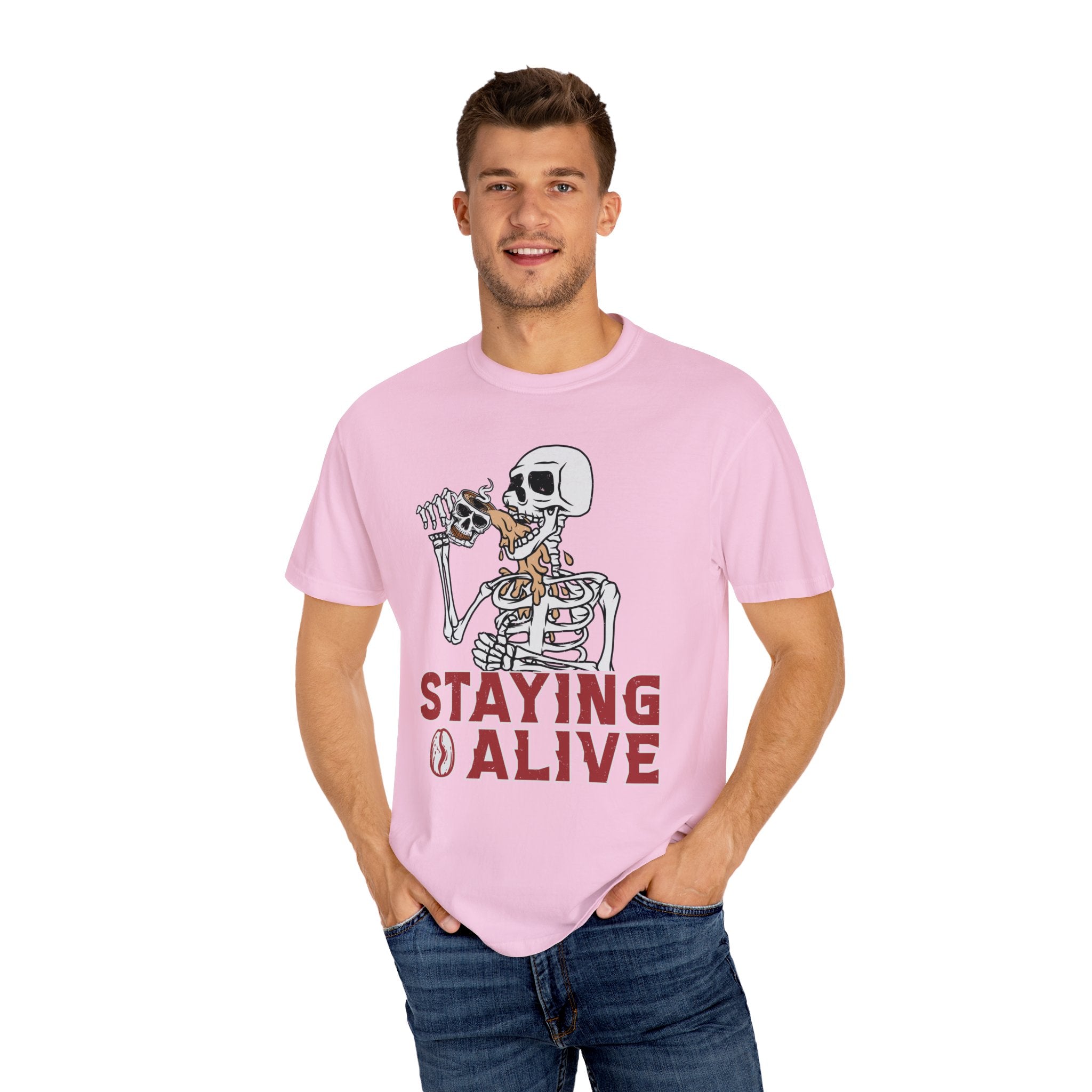 Staying Alive Shirt, Trendy Coffee Shirt, Funny Skeleton T-Shirt, Coffee Lovers Gift Skull Vintage Halloween Tshirt Women Comfort Colors Tee