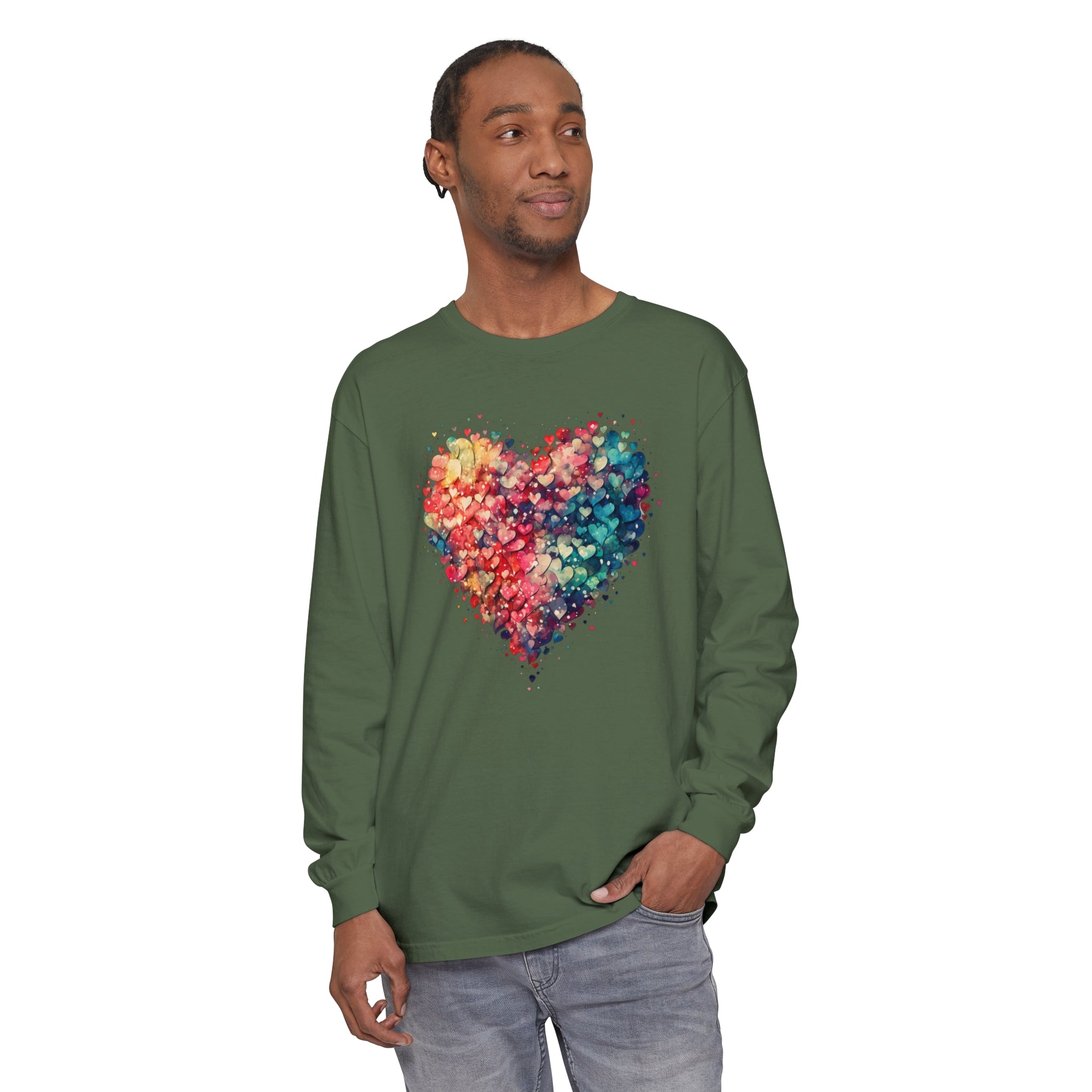 Watercolor Heart Long Sleeve T-Shirt, Colorful Heart Shirt, Cute Heart Valentines Love Long sleeve Tee, Beautiful Watercolor Heart, Hearts Layered Design