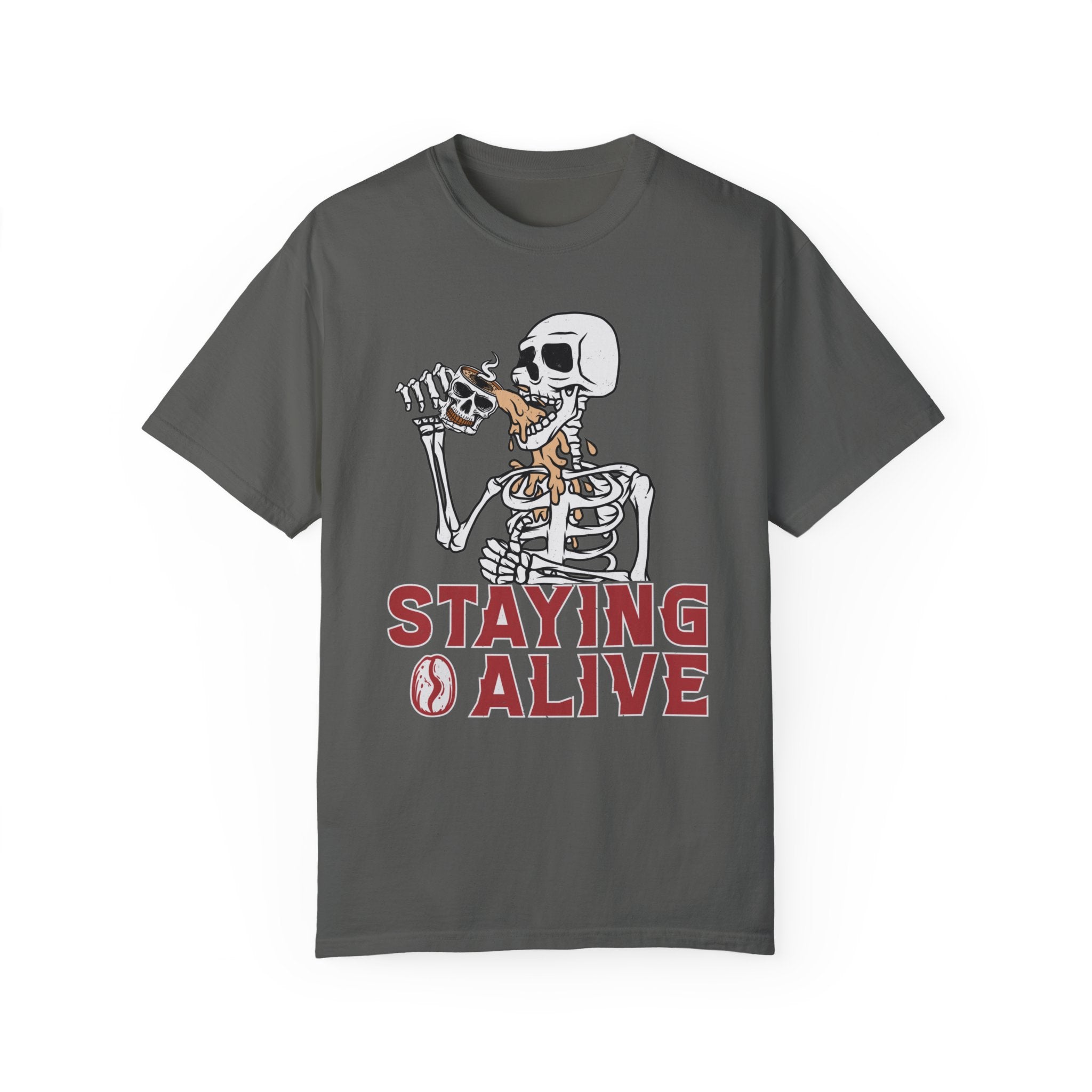 Staying Alive Shirt, Trendy Coffee Shirt, Funny Skeleton T-Shirt, Coffee Lovers Gift Skull Vintage Halloween Tshirt Women Comfort Colors Tee